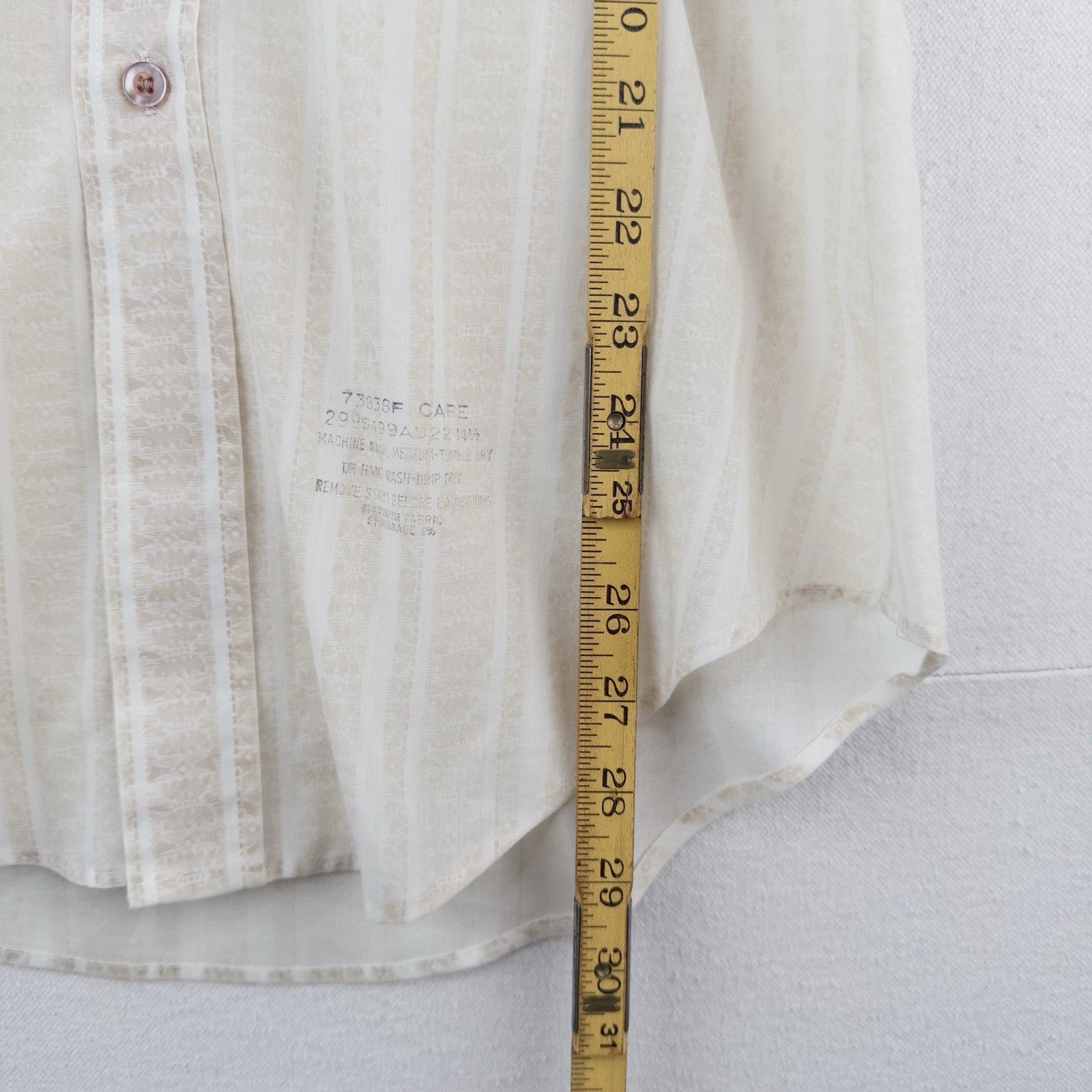 70s Vtg Short Sleeve Button Shirt White Beige Striped Dagger Collar Paper Thin S