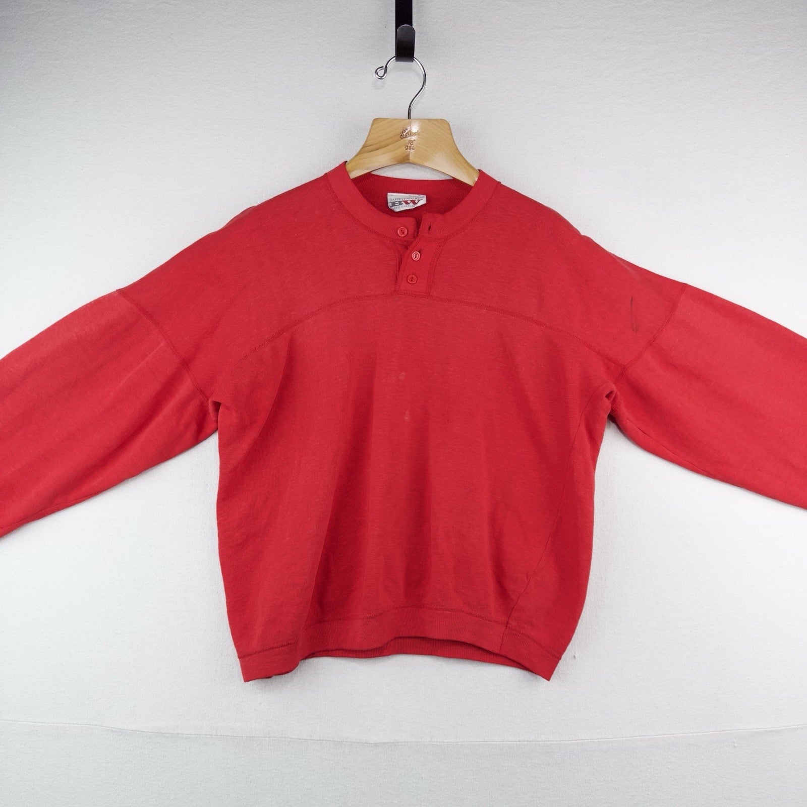 80’s Vtg Bassett Walker Henley Sweatshirt Men’s L 42-44 Faded Red *Distressed