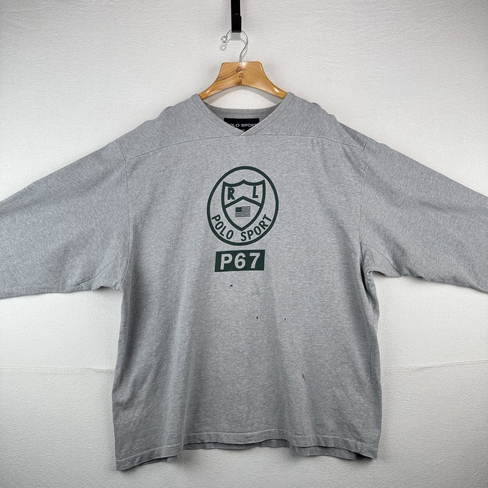 90’s Vtg Polo Ralph Lauren Hockey Gray Jersey Sweatshirt Mens 2XL *Distressed