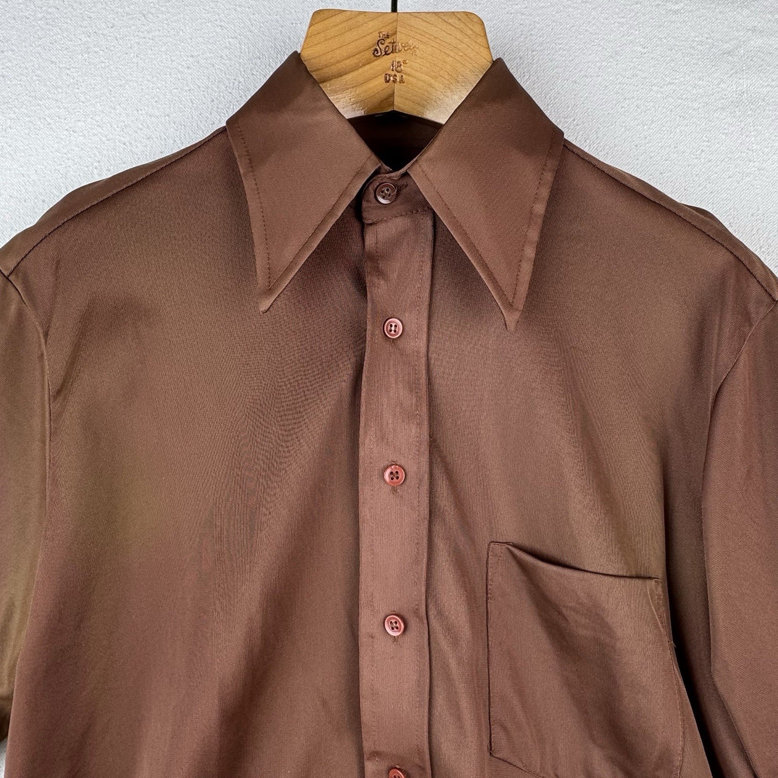70’s Vintage Bradford Mens Medium Brown Nylon Dagger Collar Shirt