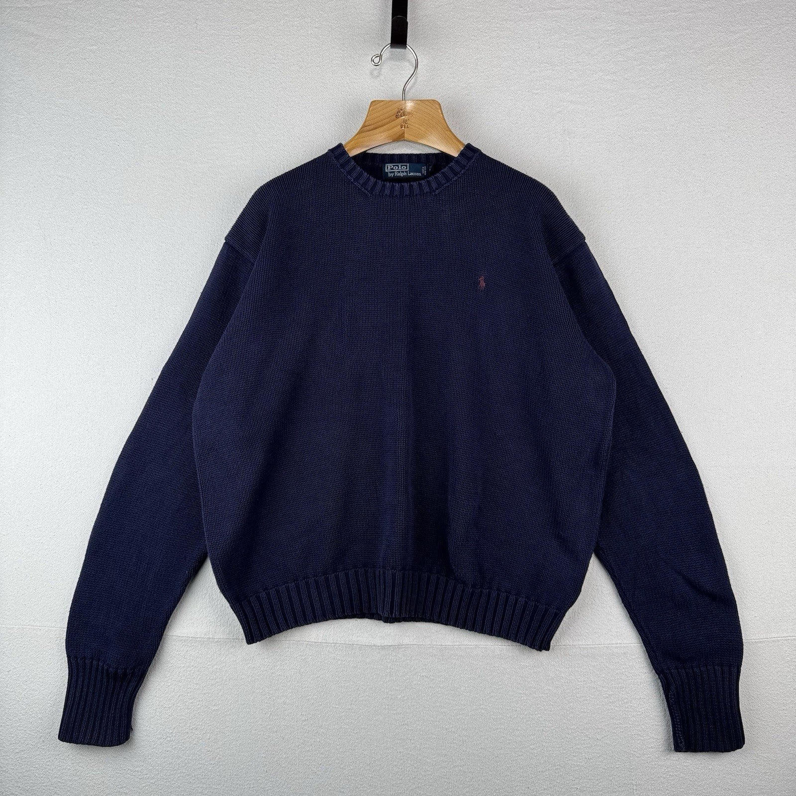 90's Vintage Polo Ralph Lauren Sweater Men's XL Navy Blue Knit Crewneck Red Pony