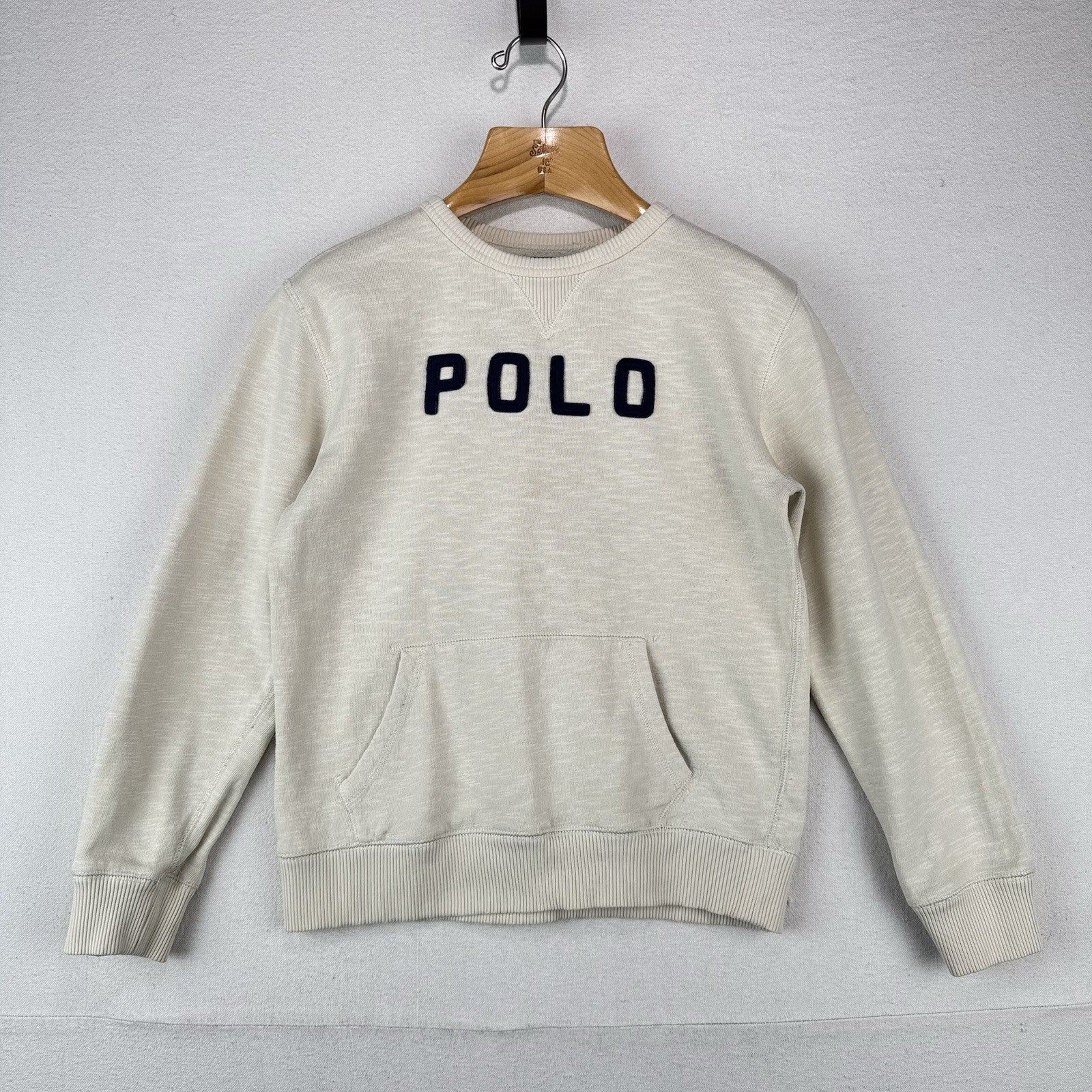 Polo Ralph Lauren Boy’s Large 14/16 Spell Out Crew Cream Sweatshirt Pocket *Read