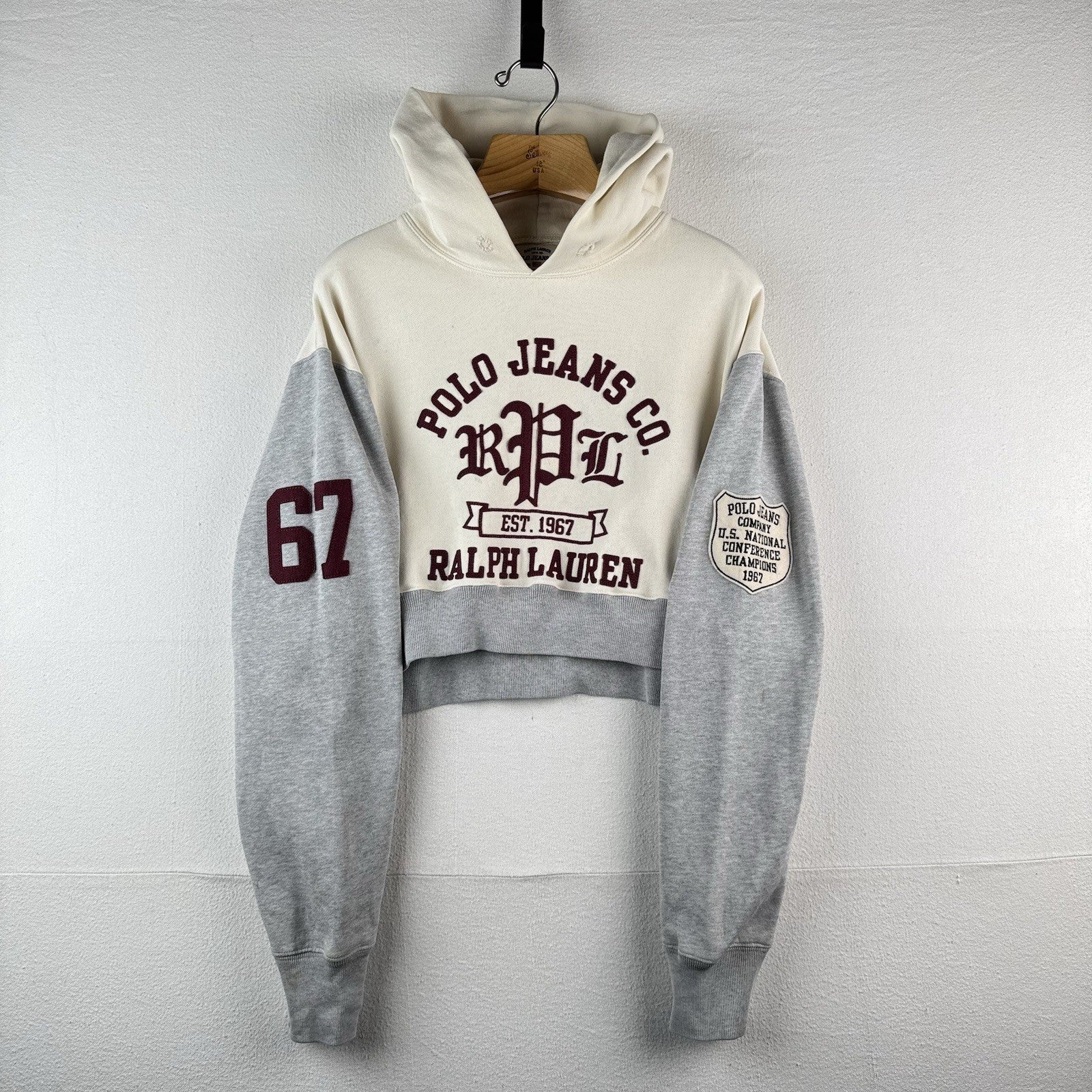 Vtg Polo Jeans Co Ralph Lauren Applique Cream Maroon Men’s Large Cropped to 17”