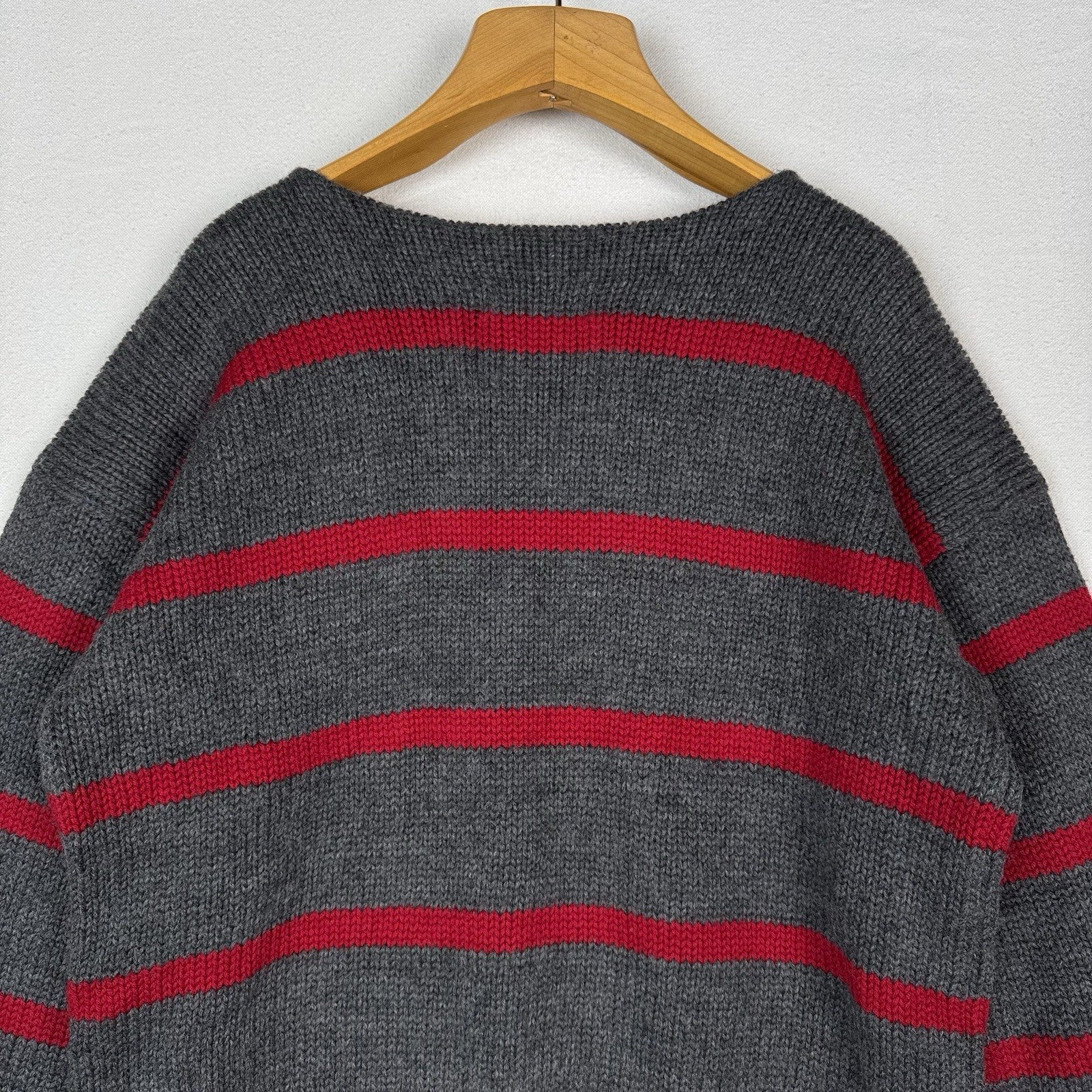 90’s Vtg Polo Ralph Lauren Striped Boat Neck Wool Knit Sweater Gray Red Crest XL