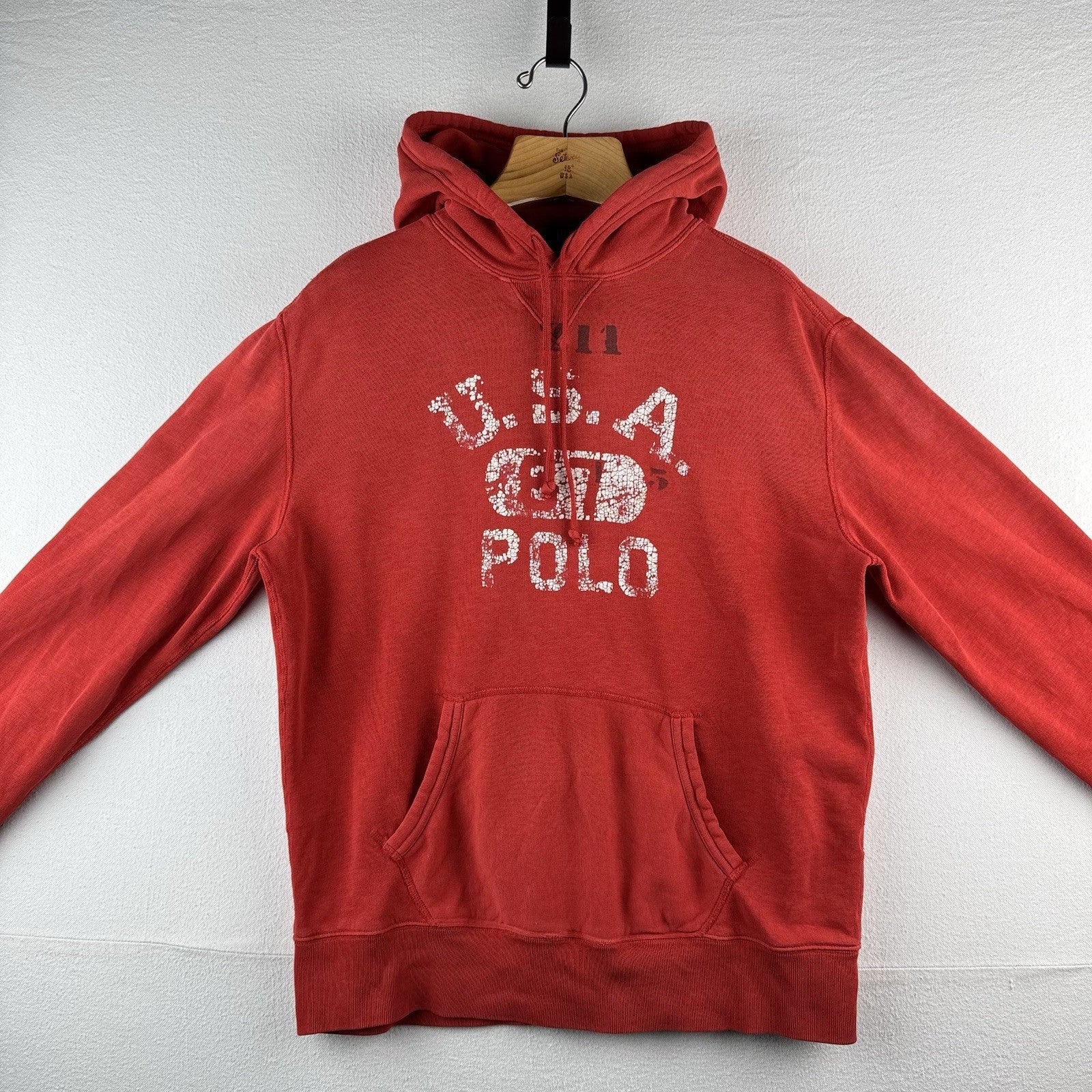 Distressed Polo Ralph Lauren Hoodie Men’s Large USA Polo 67 Coral Red Orange