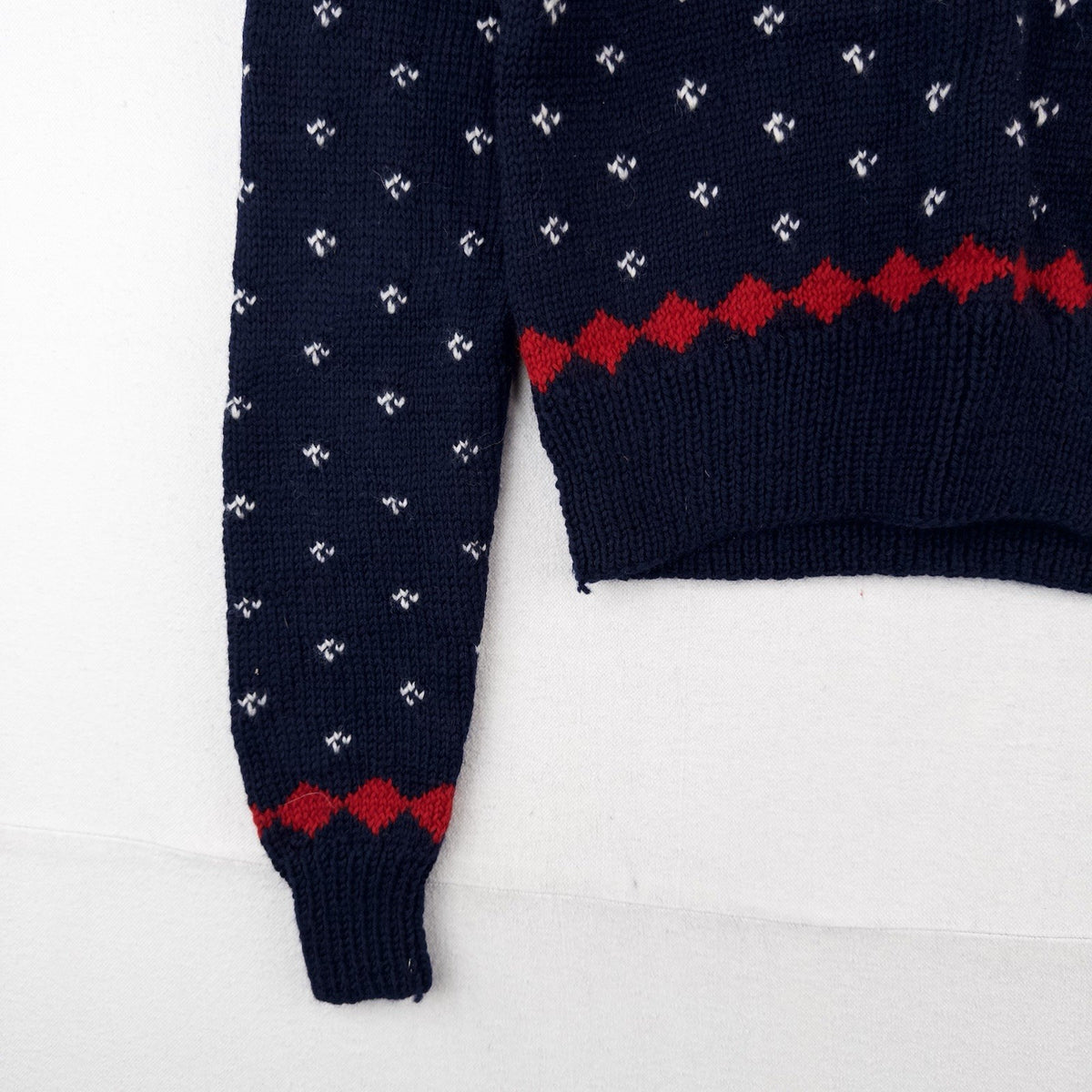 50’s Vtg Hand Knit Apres Ski Sweater Skier Blue Red Birds Eye Women’s S