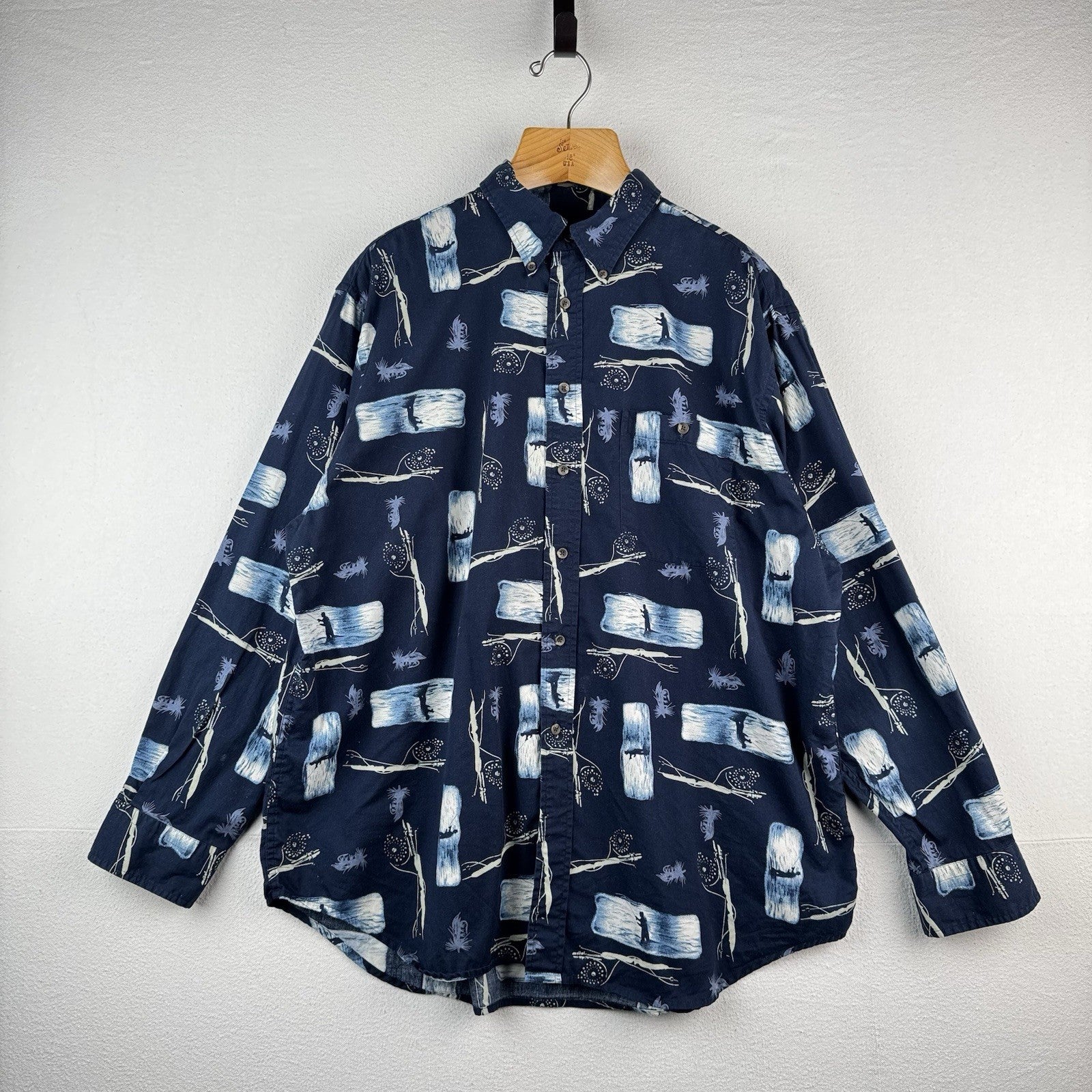 Fly Fishing Fisherman Men’s XL Navy Blue Button Up Shirt 100% Cotton Long Sleeve