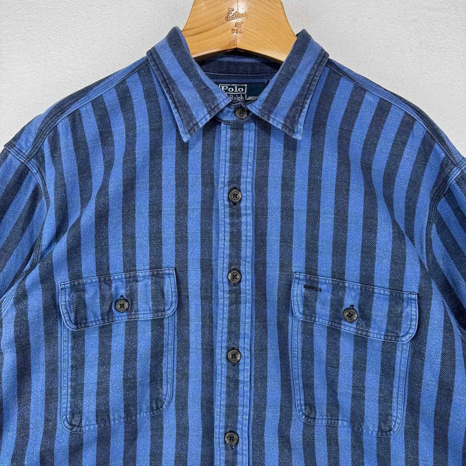 90’s Vtg Polo Ralph Lauren Indigo Blue Stripe Men’s 2XL Heavyweight Shirt *Read