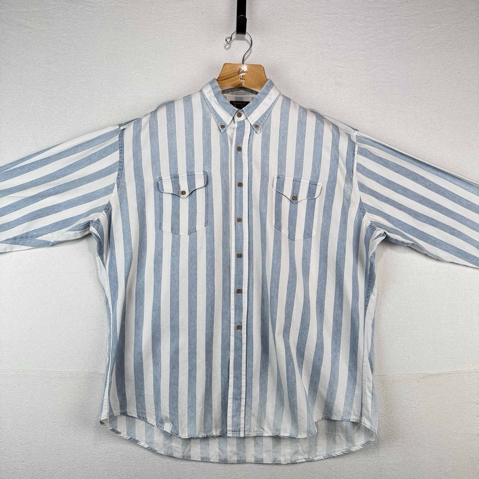 Vtg Ruddock Bros Western Denim Shirt Blue White Stripe Mens 2XL Made USA *Faded
