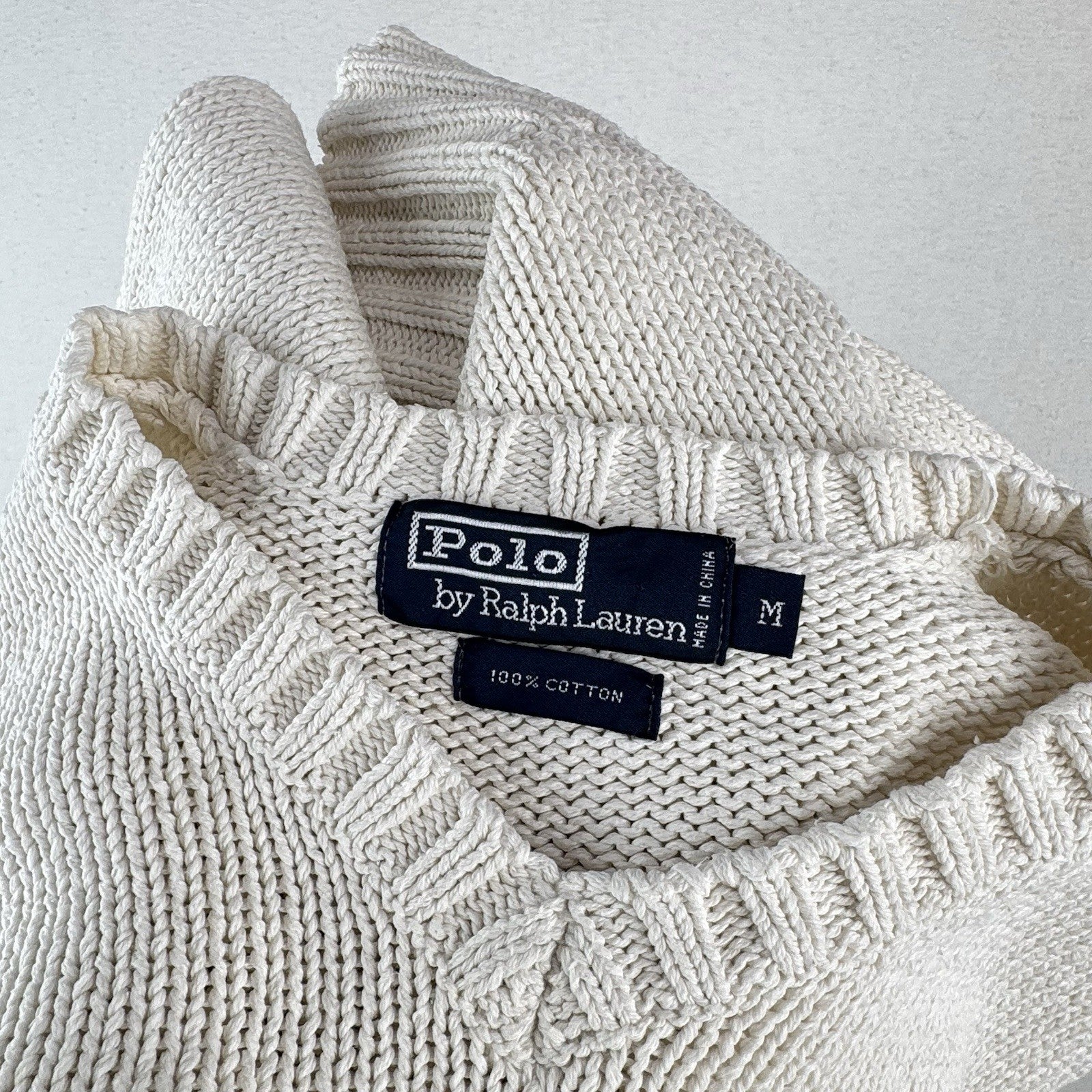 90s Vtg Polo Ralph Lauren Sweater Men's M Cream 100% Cotton V-Neck Navy Pony