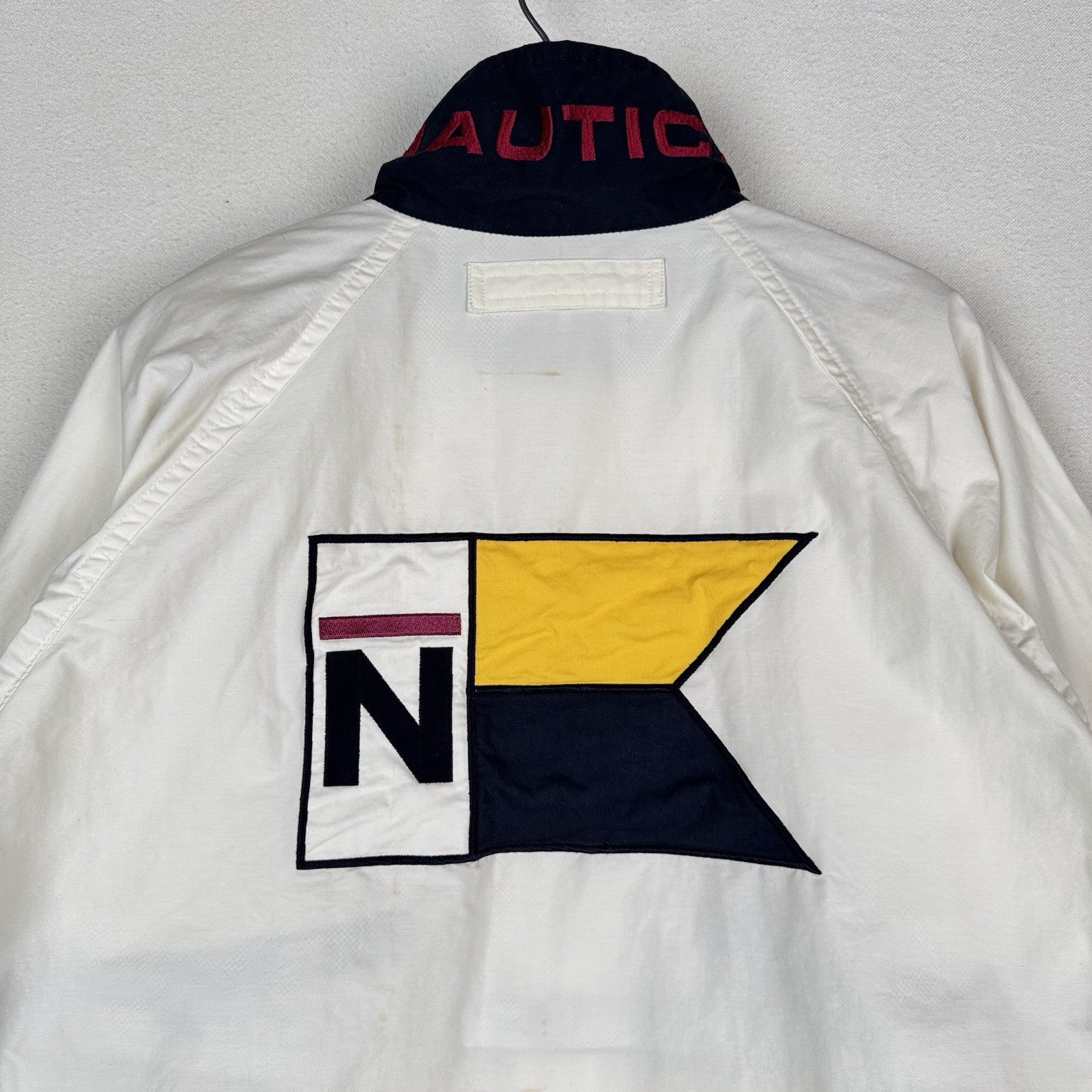Vtg 90’s Nautica Men’s Large Sailing Windbreaker Jacket White Blue Full Zip Flag