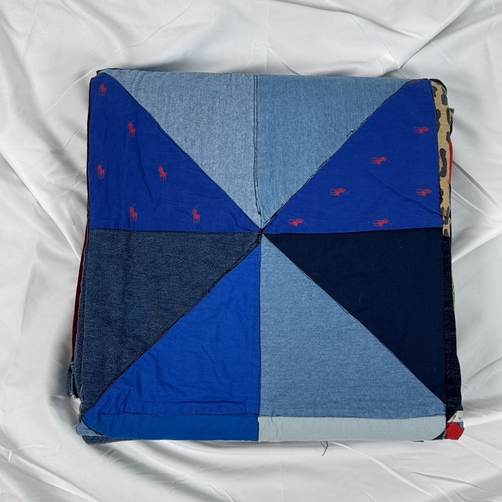 Handmade Square Patchwork Quilt Denim Edging Polo Pony Nautical 65”x65”