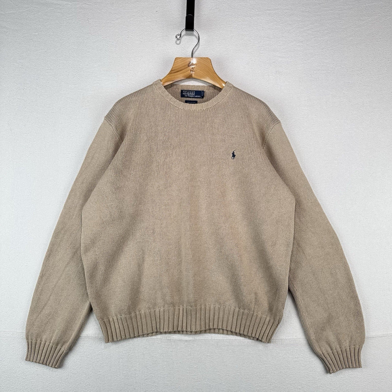 90’s Vintage Polo Ralph Lauren Men’s L Tan Camel Brown Knit Sweater 100% Cotton