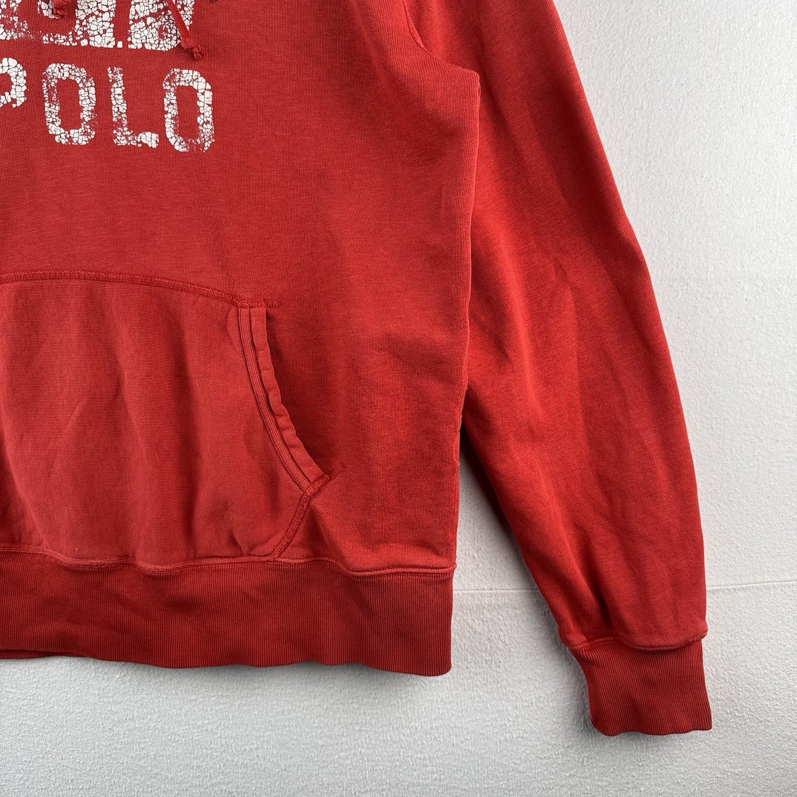 Distressed Polo Ralph Lauren Hoodie Men’s Large USA Polo 67 Coral Red Orange
