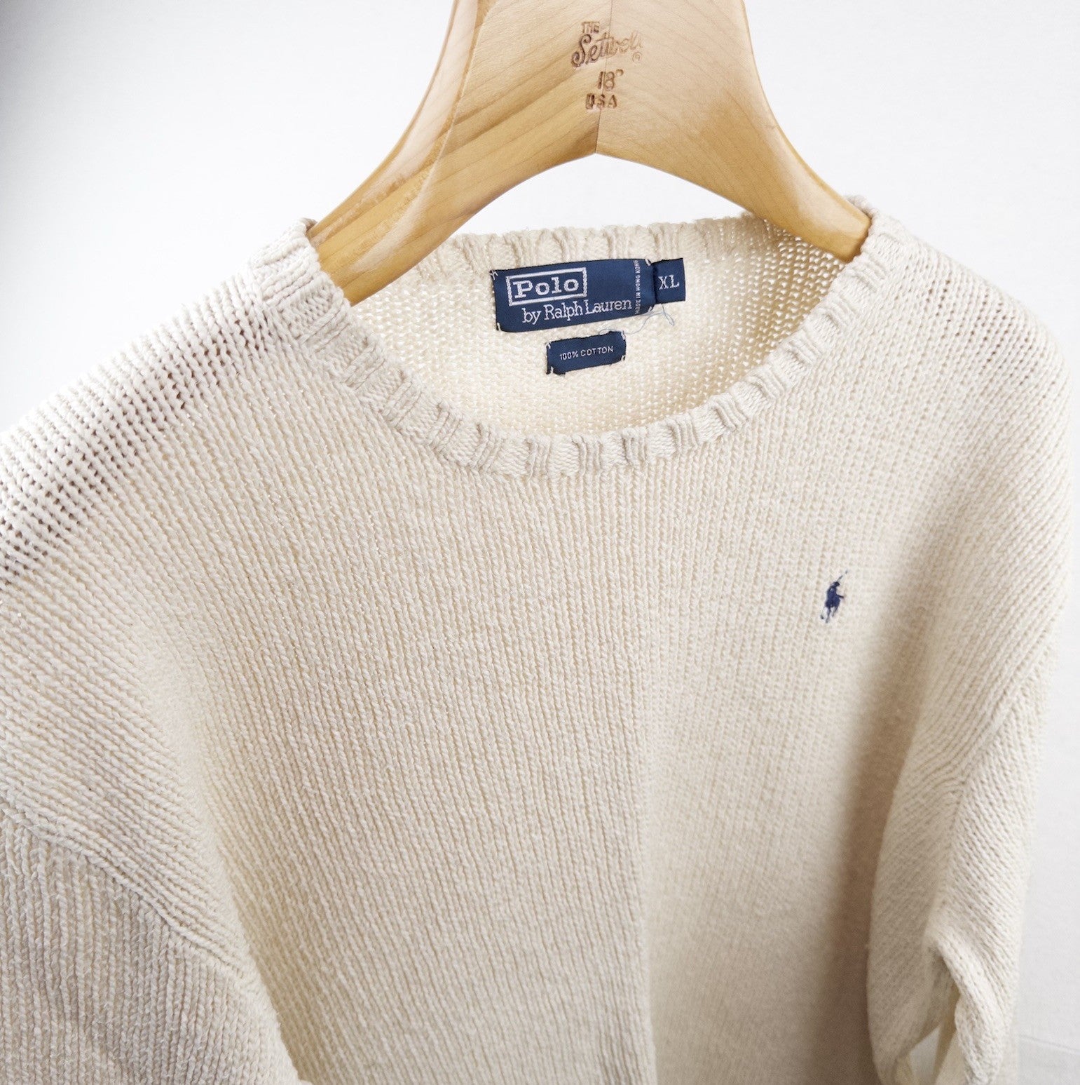 90s Vtg Polo Ralph Lauren Sweater Men's XL Cream 100% Cotton Crewneck Navy Pony