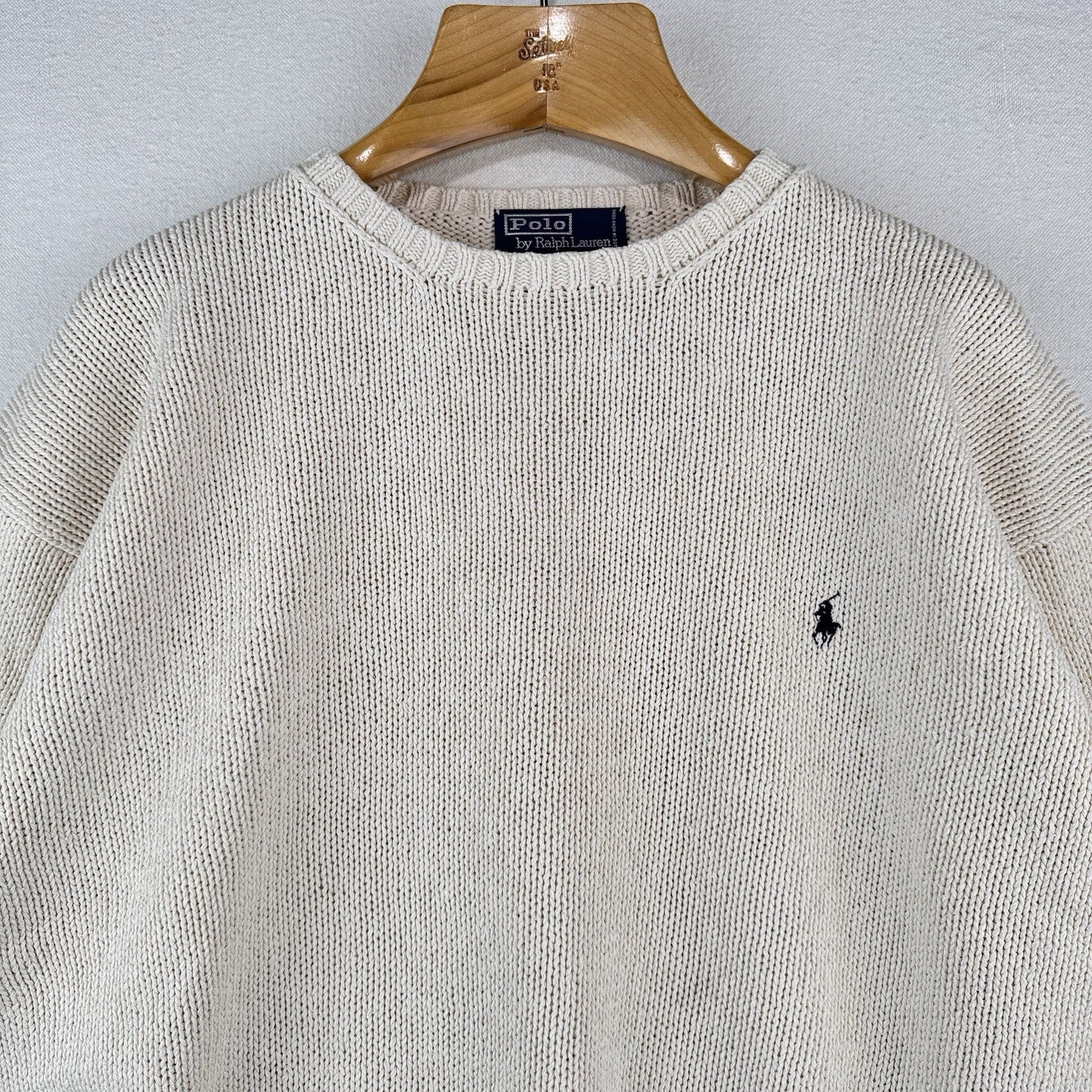 90s Vtg Polo Ralph Lauren Sweater Men's 2XL Cream 100% Cotton Crewneck Navy Pony