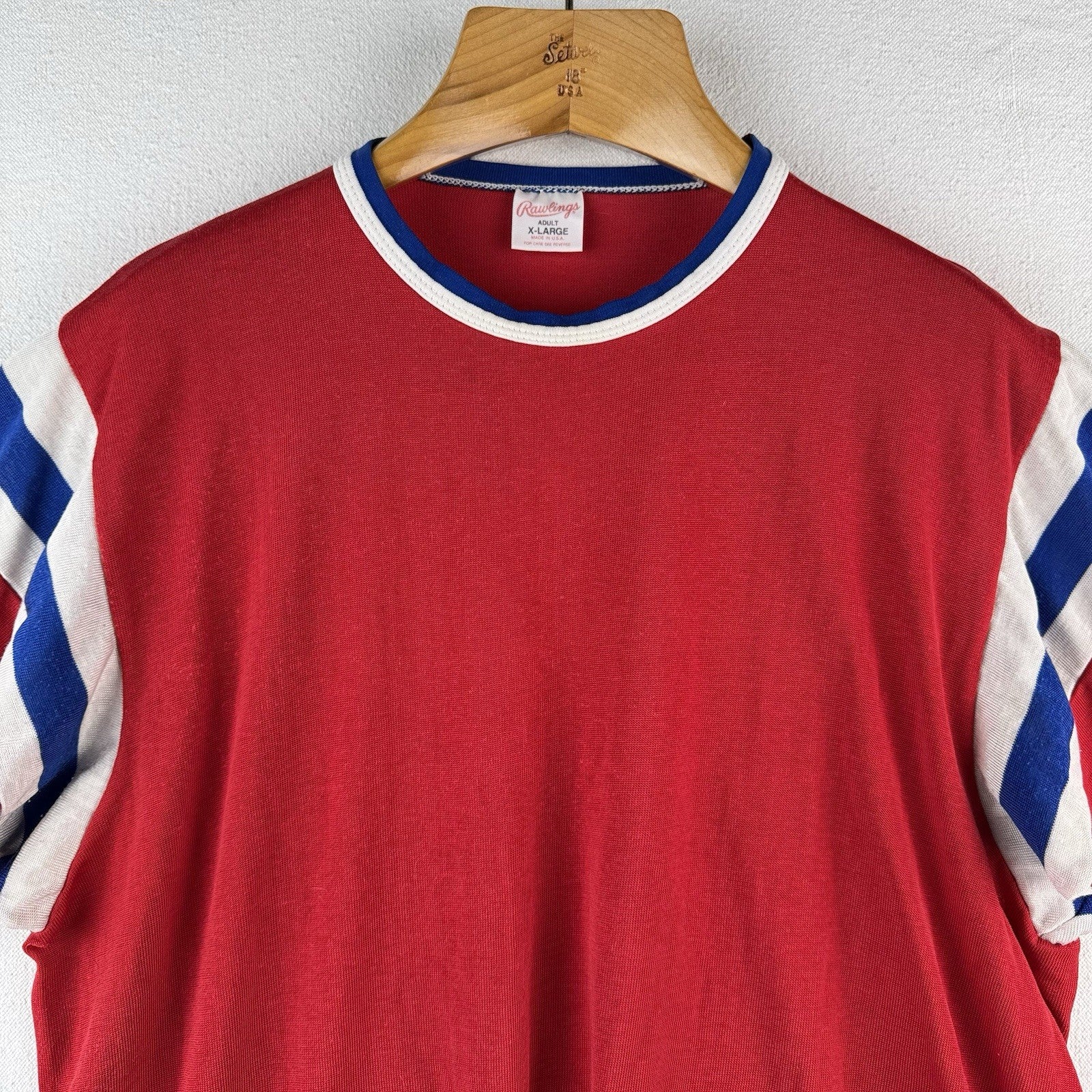 60’s Vtg Rawlings Jersey Ringer Shirt Stripe Red White Blue XL Rayon Made USA