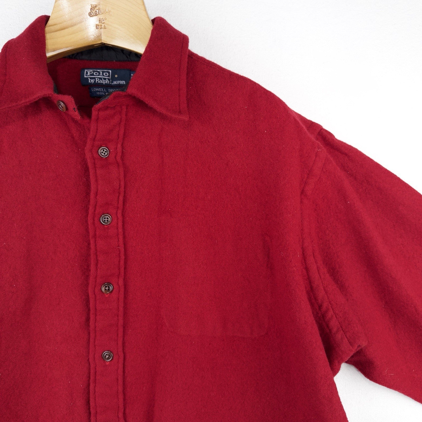 90s Vtg Polo Ralph Lauren Red Lowell 100% Wool Button Up Shirt Boxy *Distressed