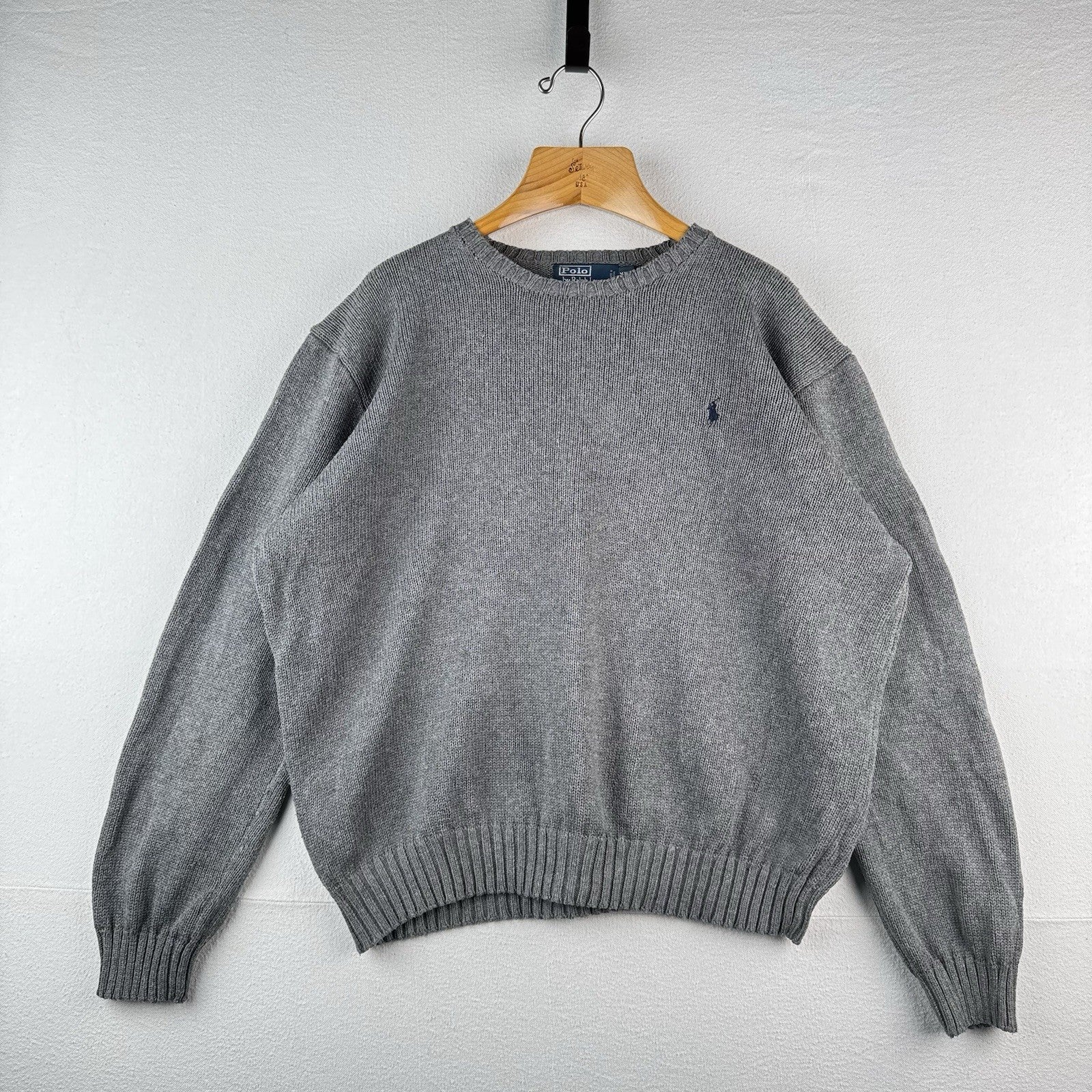 90's Vtg Polo Ralph Lauren Cotton Gray Knit Crewneck Sweater Men's 2XL Blue Pony