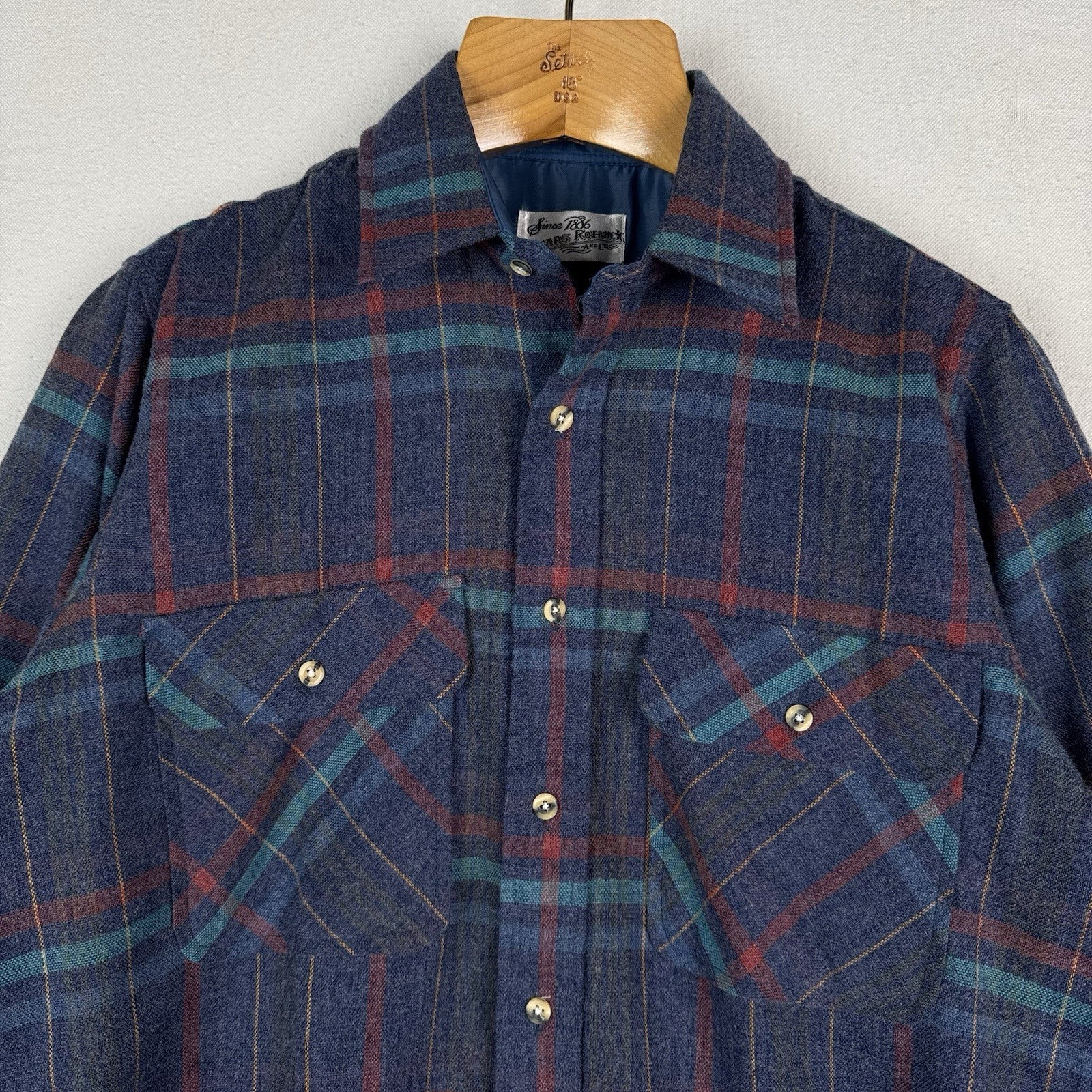 Vtg Sears Roebuck Wool Flannel Shirt Men’s Medium Blue Plaid Single Needle Korea