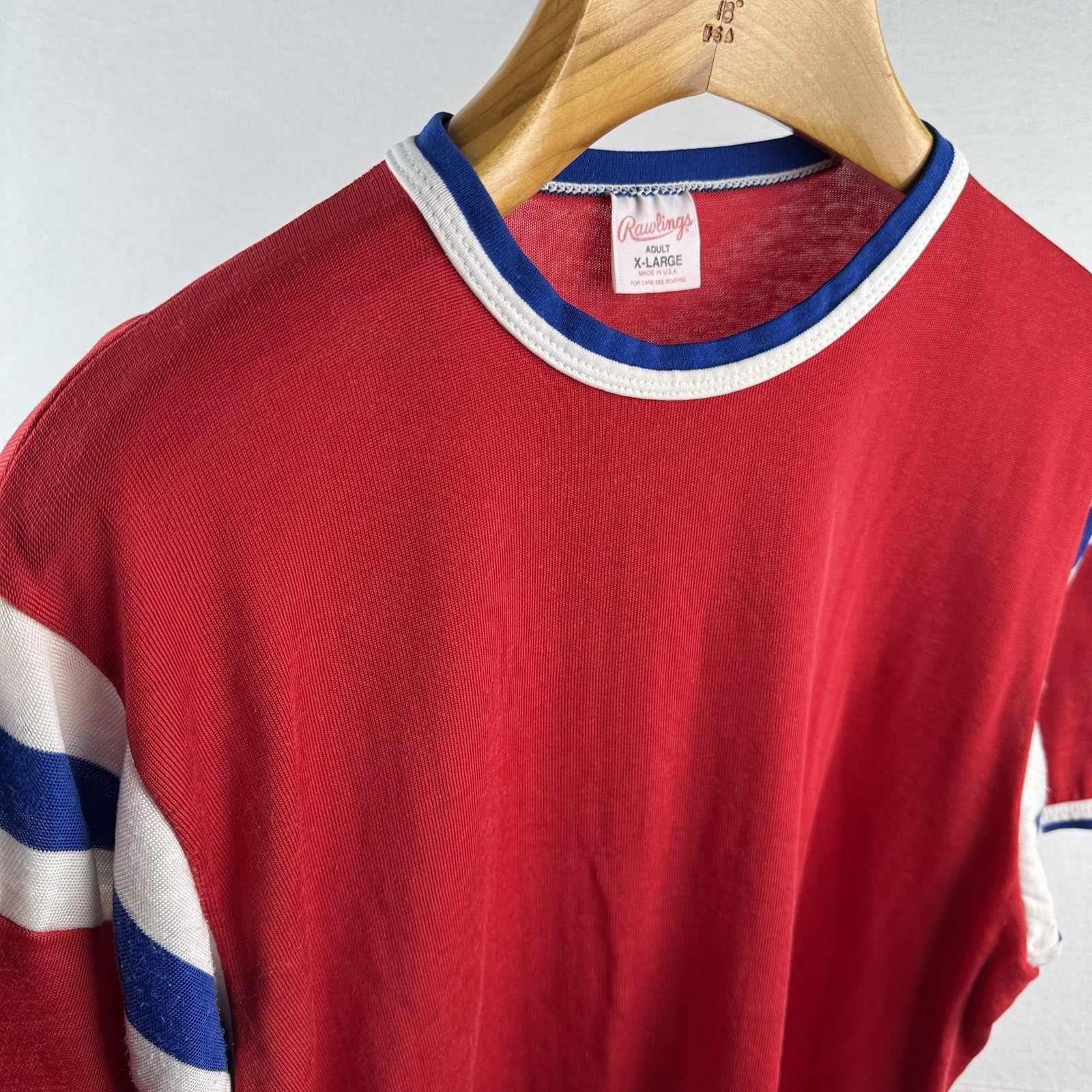 60’s Vtg Rawlings Jersey Ringer Shirt Stripe Red White Blue XL Rayon Made USA