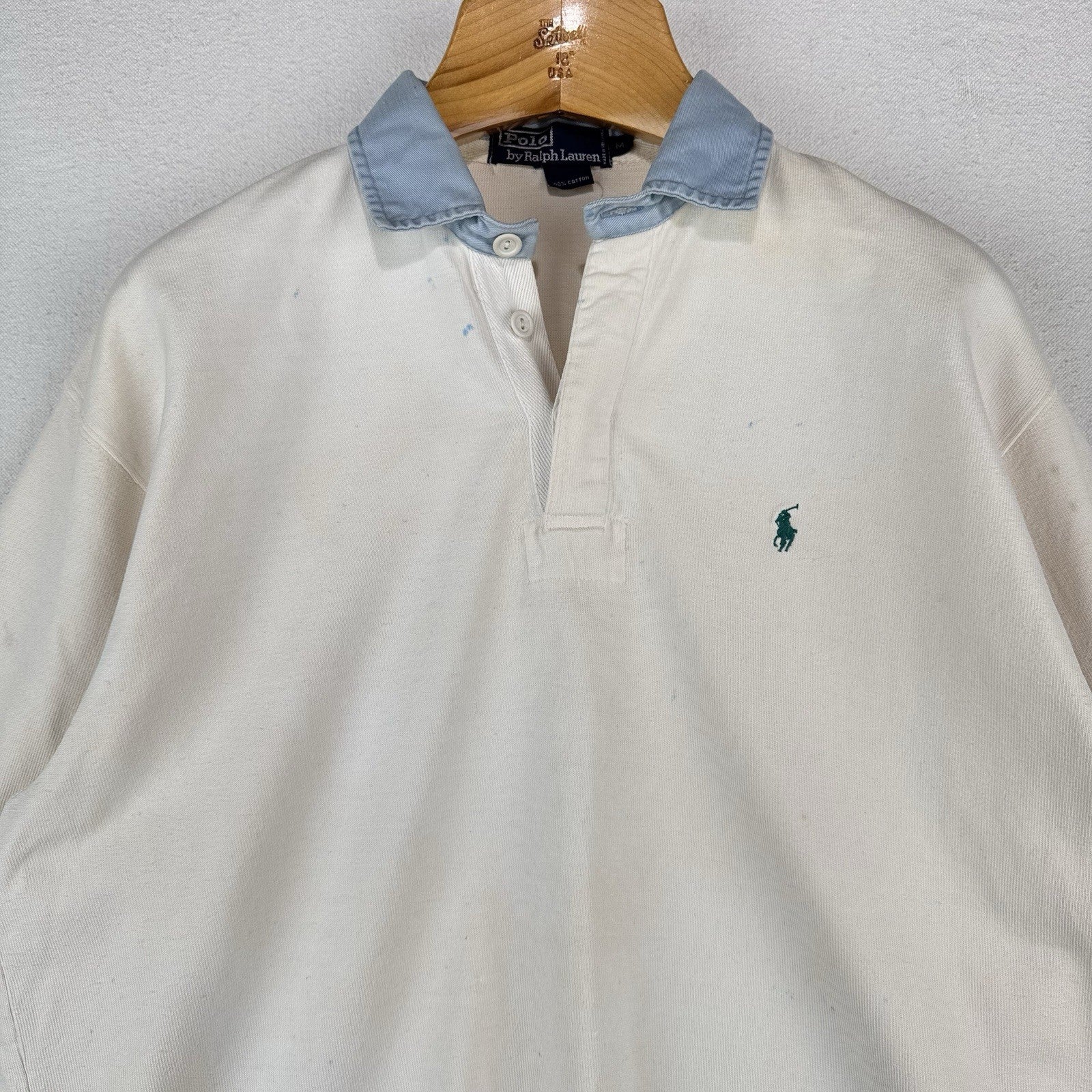 90’s Vtg Polo Ralph Lauren Shirt Men’s M Ink Splatter Rugby White Denim Collar