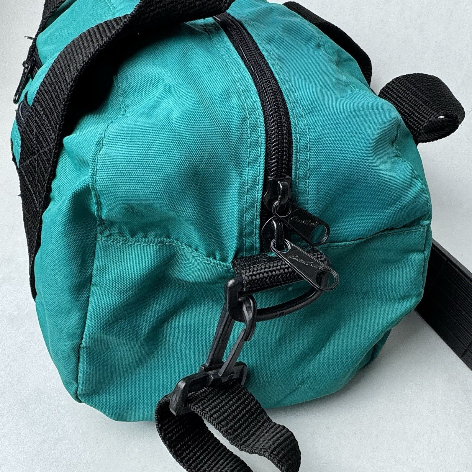 Vintage Eddie Bauer Small Canvas Duffle Bag Hand Tote Green w/Strap 14”x7”x8”