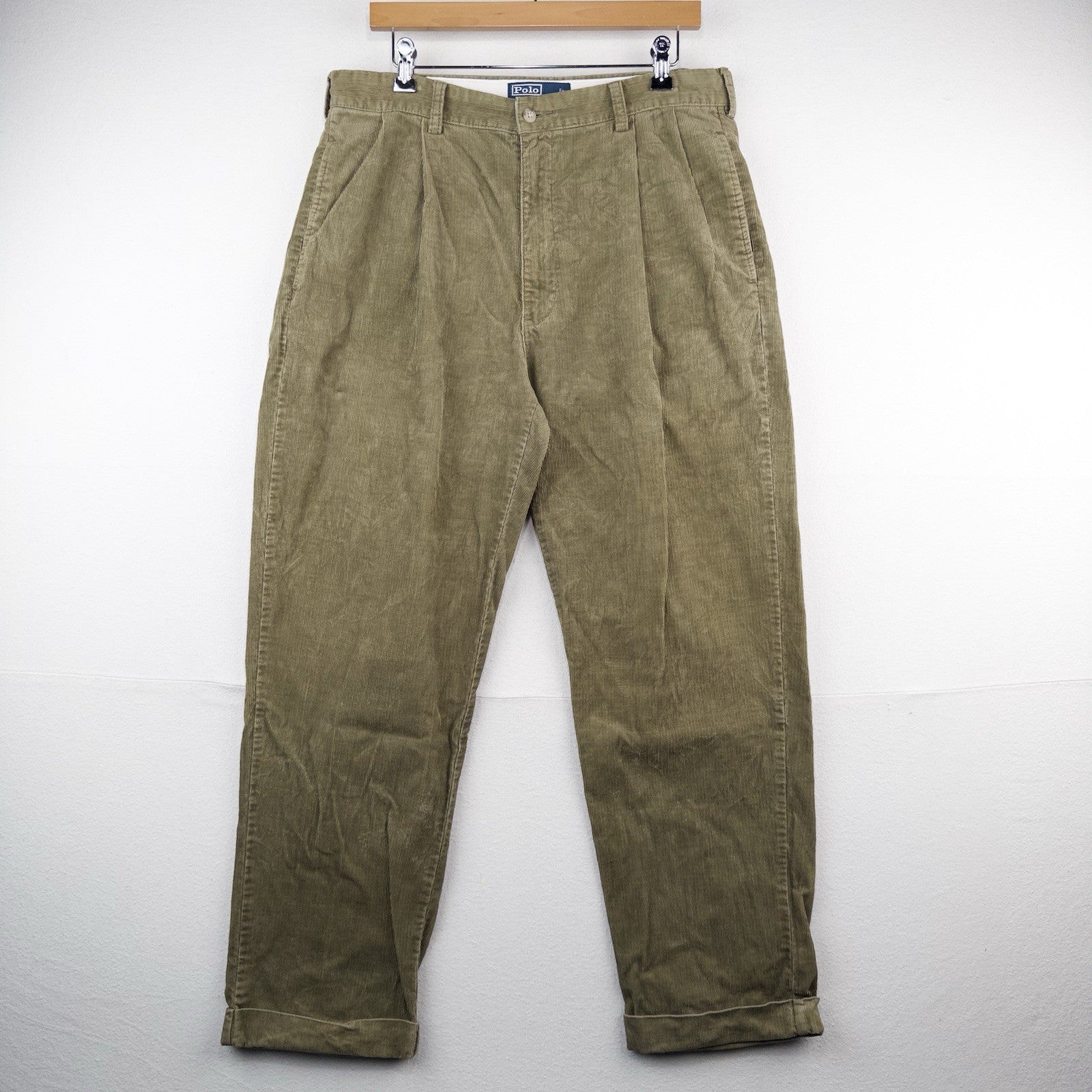 90’s Vtg Polo Ralph Lauren Hammond Corduroy Pant Mens 35x30 Khaki Pleated Cuffed