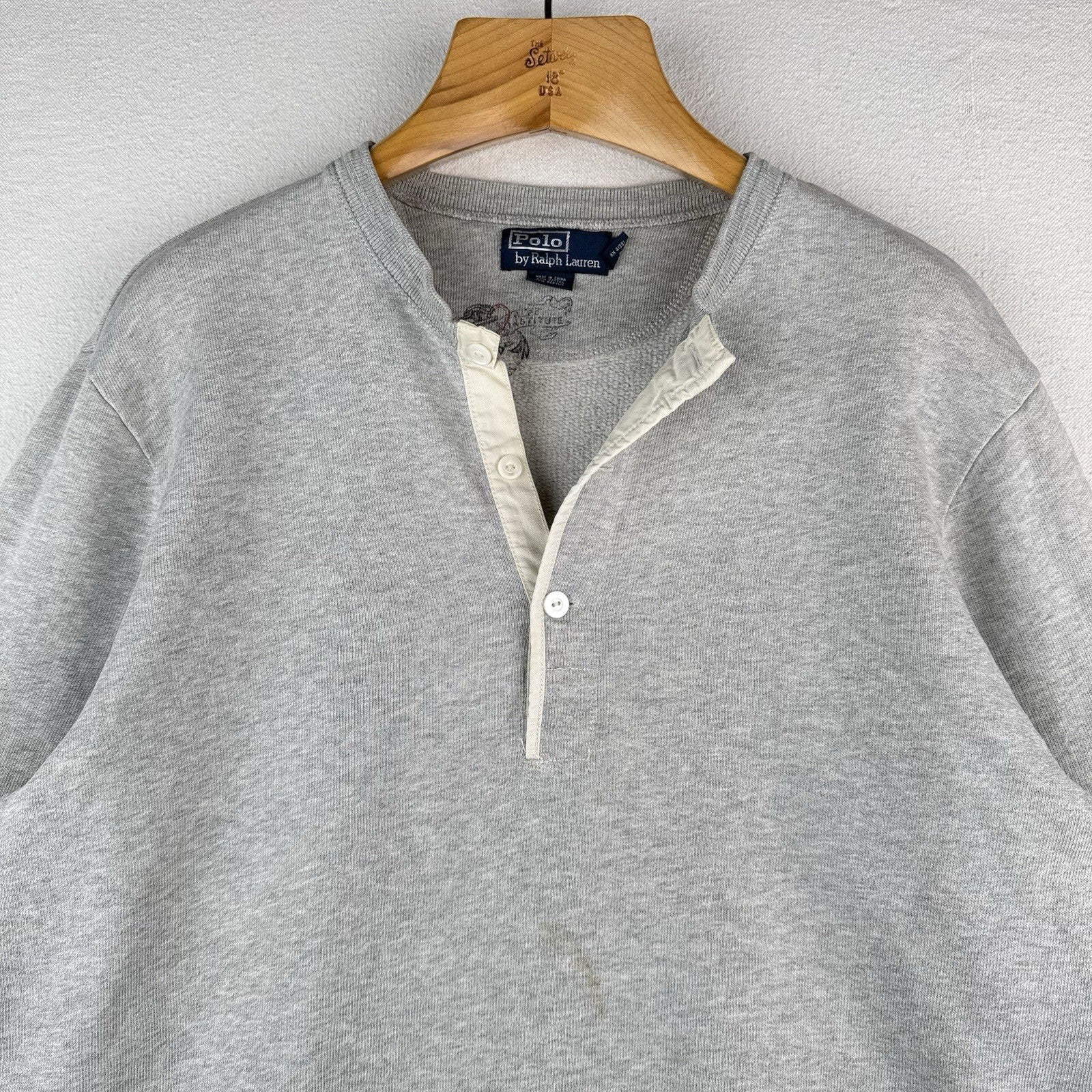 90s Vintage Polo Ralph Lauren Mens Large Henley Sweatshirt Gray *Distressed