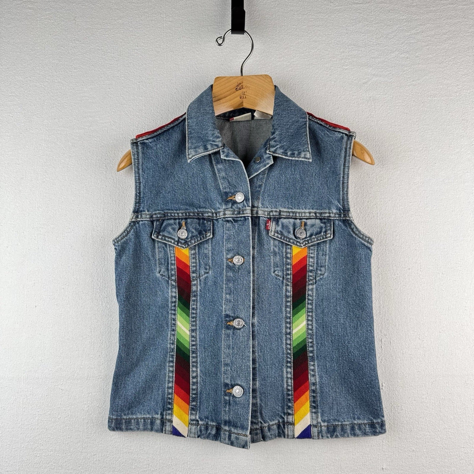 Vintage Levi's Denim Serape Blanket Medium Buckle Back Vest Red Tab Made USA