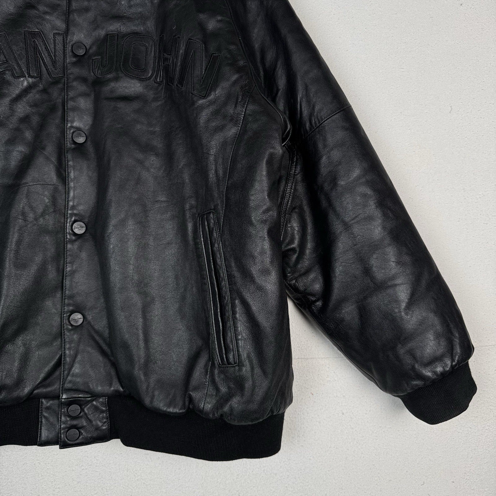 Vtg Sean John Soft Leather Bomber Jacket 2XL Black Puffy Hip Hop Streetwear