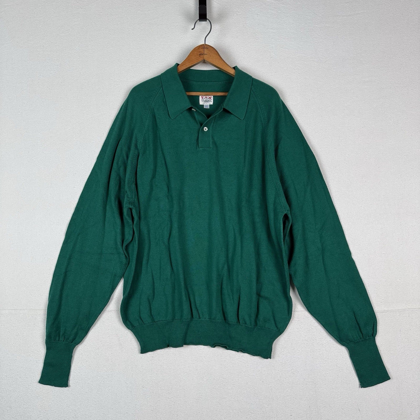 80’s Deadstock 100% Sea Island Cotton Polo Button Long Sleeve Green 2XL Made USA