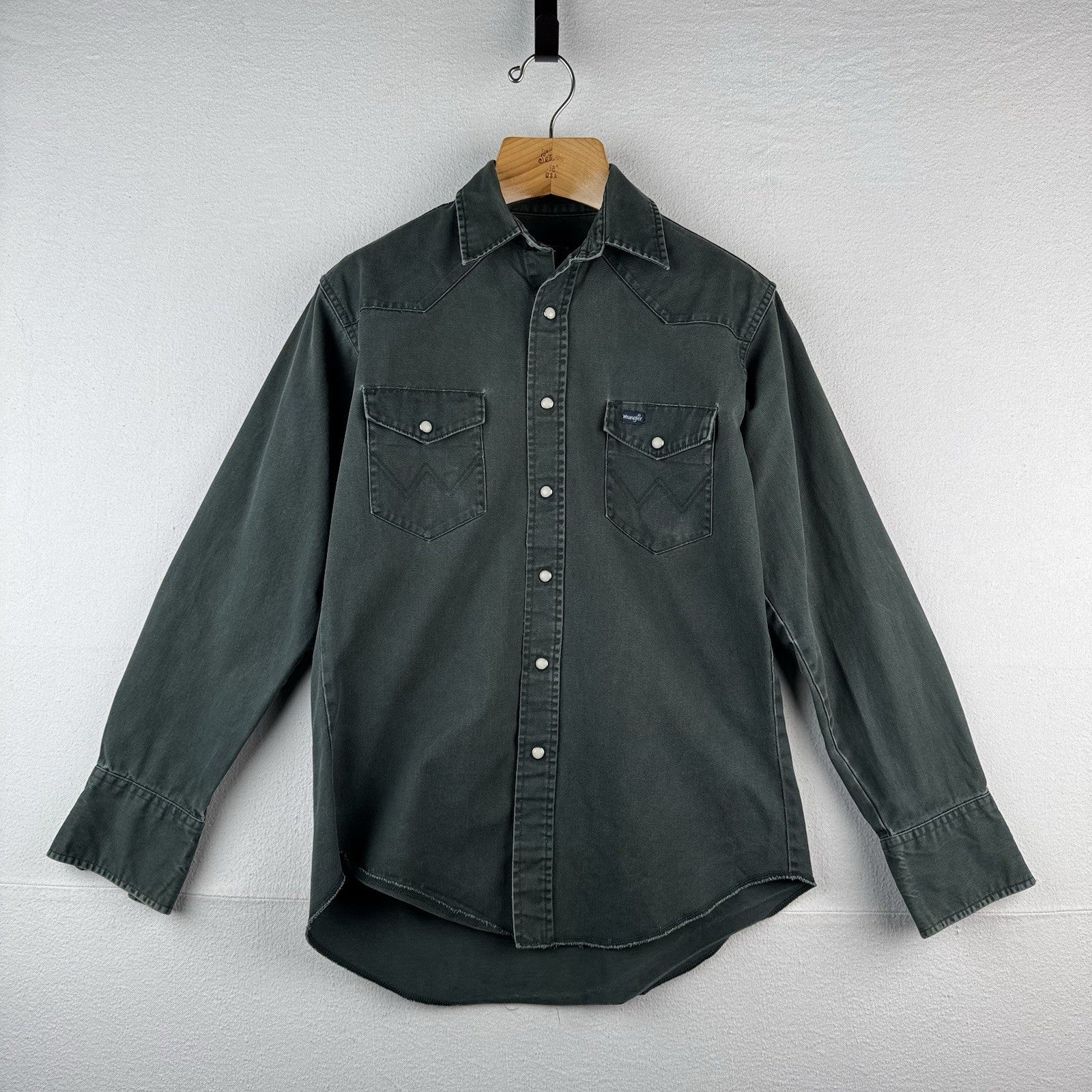 Vintage Wrangler Western Thick Twill Dark Green Pearl Snap Shirt Mens M