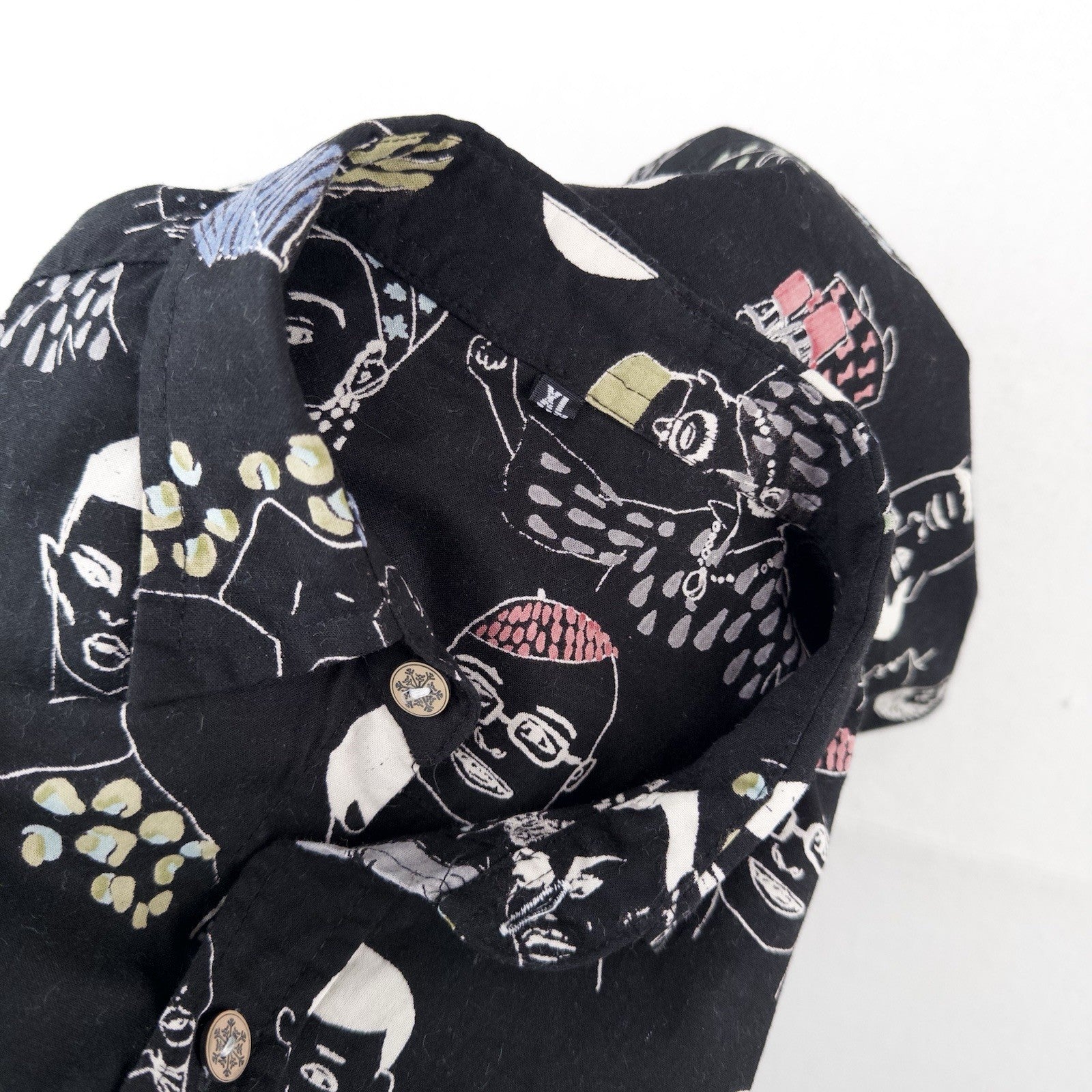 Hand Drawn People Face Illustrated All Over Print Short Sleeve Buttonup Shirt XL