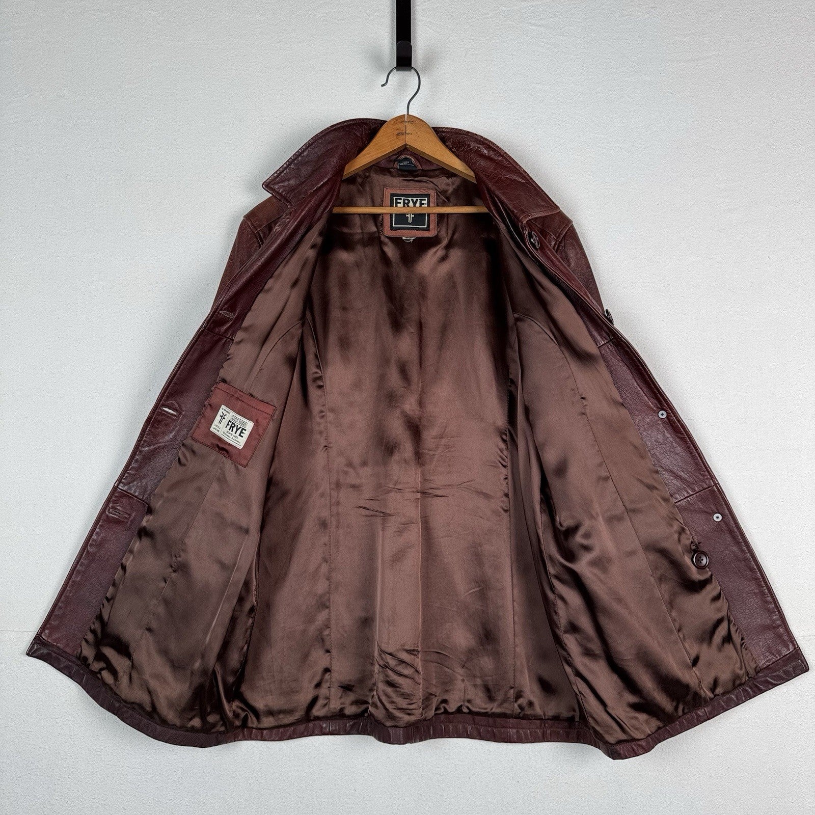 Vintage 90s Frye Leather Womens Large Jacket Coat Rust Brown Maroon Button Front