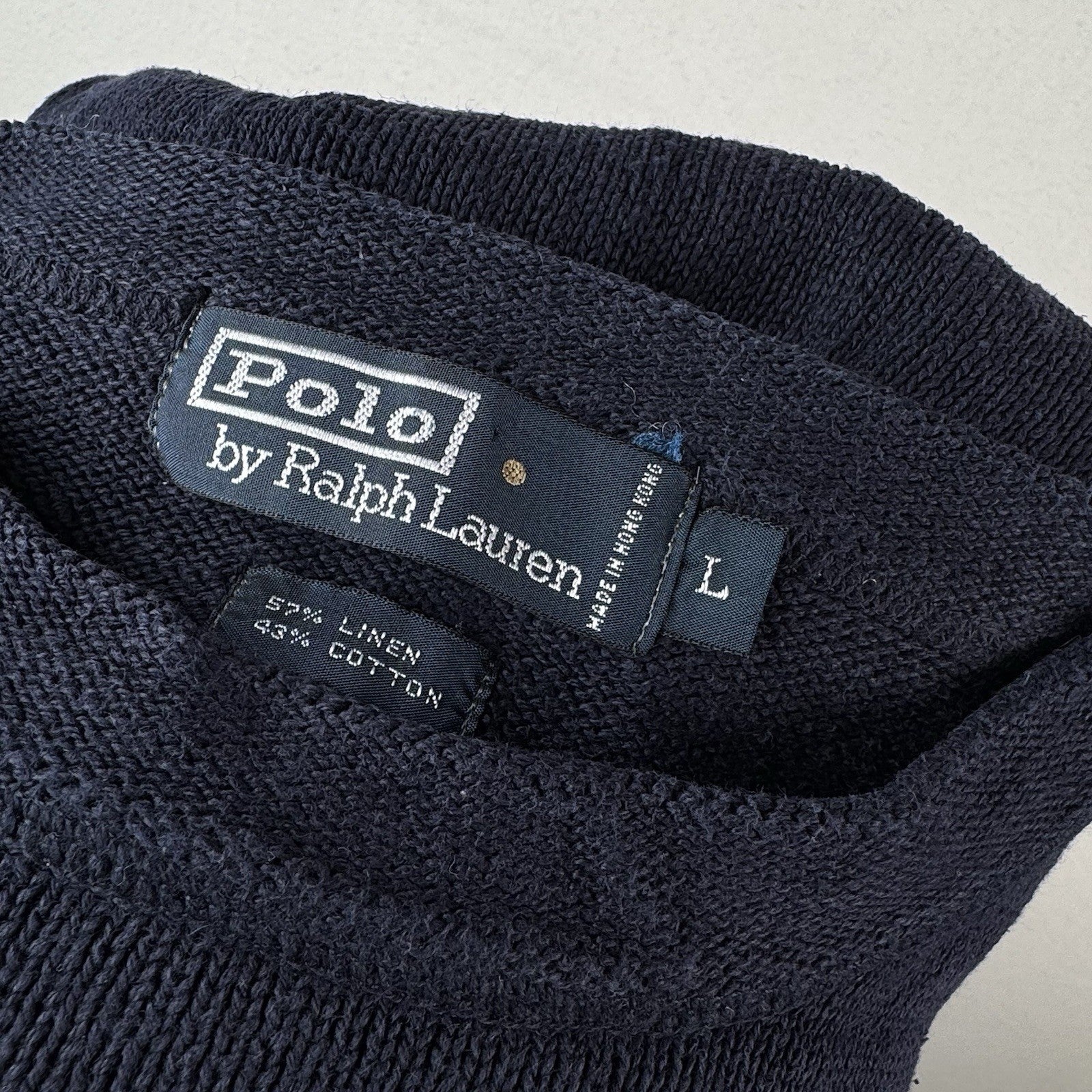 90’s Vintage Polo Ralph Lauren Men’s Large Linen Knit Crewneck Sweater Navy Blue