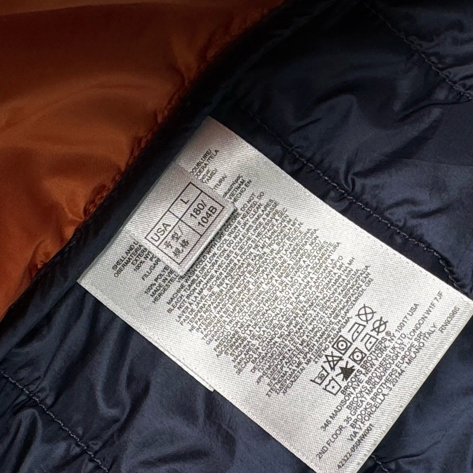 Brooks Brothers Thermore EVOdown Puffer Vest Mens L Orange Lightweight Packable