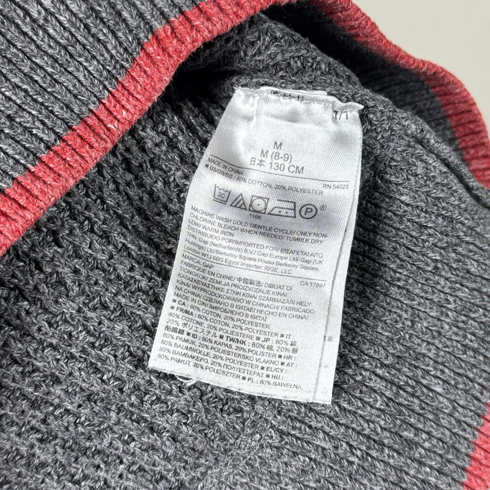 Gap Kids Budding Waffle Crew Sweater Gray Red Trim pullover preppy Size M 8-9