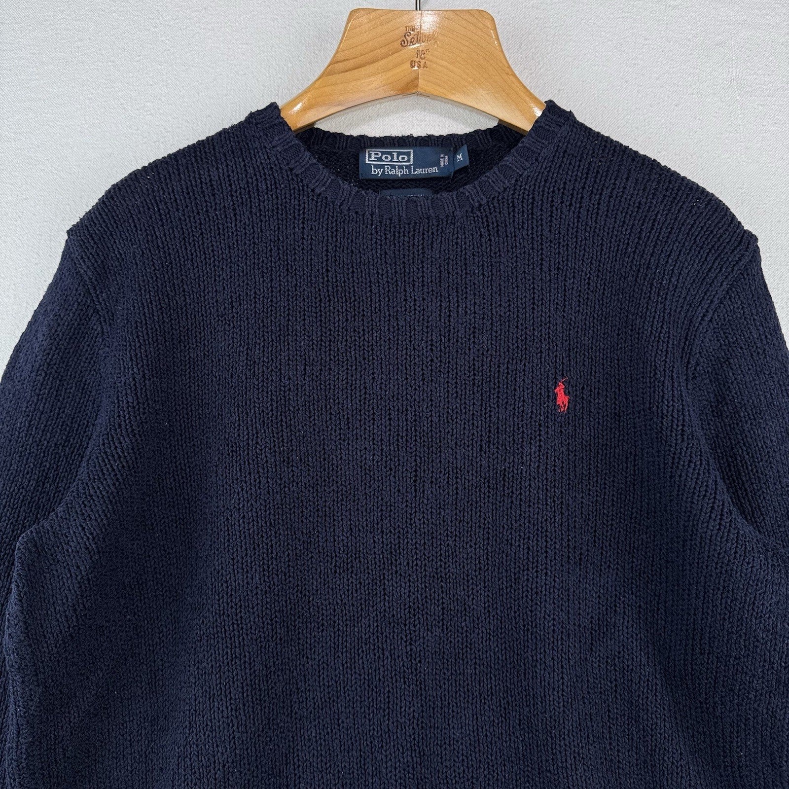 90s Vtg Polo Ralph Lauren Sweater Men's M Navy 100% Cotton Crewneck Red Pony