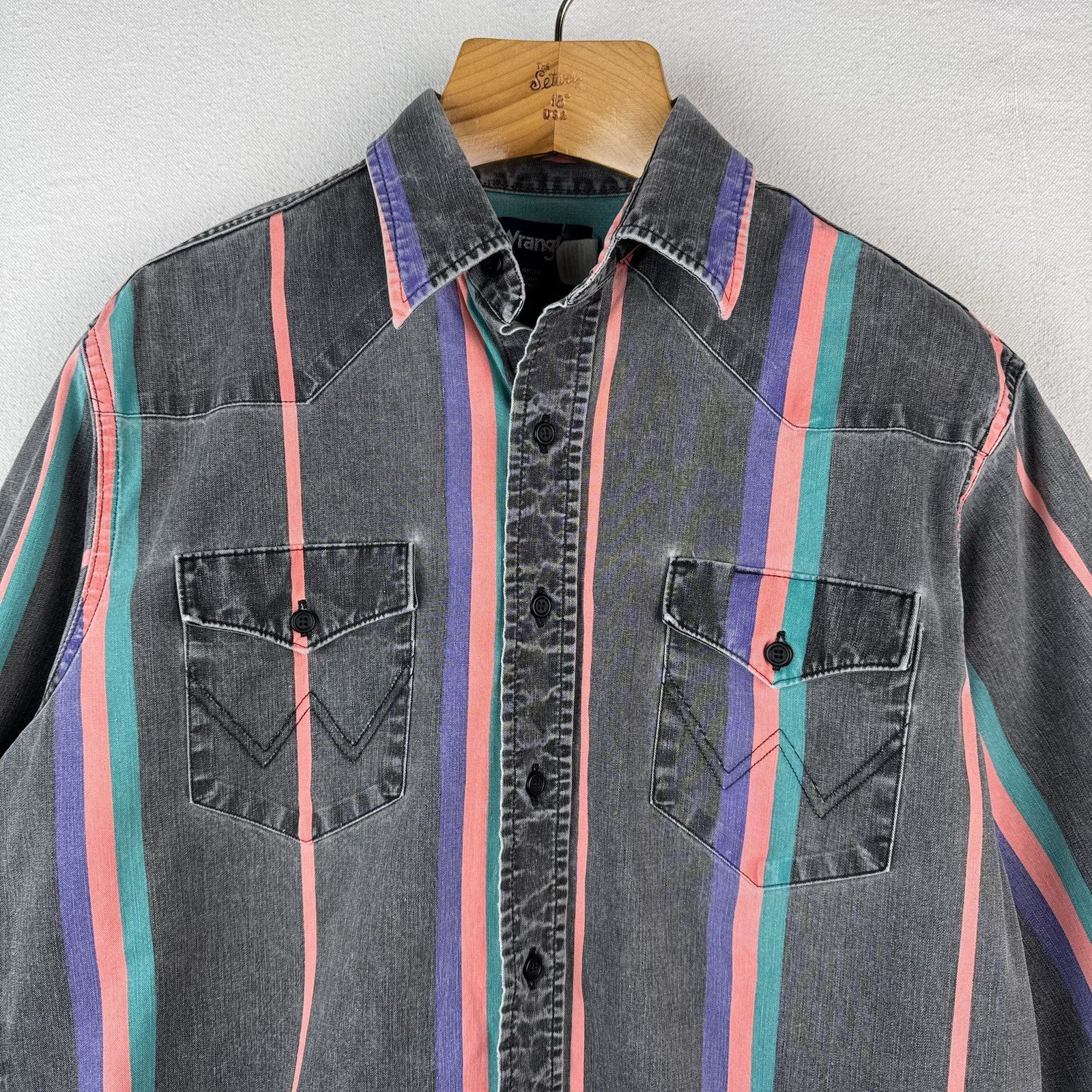 Vtg Wrangler Brushpopper Shirt Men 16.5x35 Pink Blue Stripe Western Cowboy Rodeo