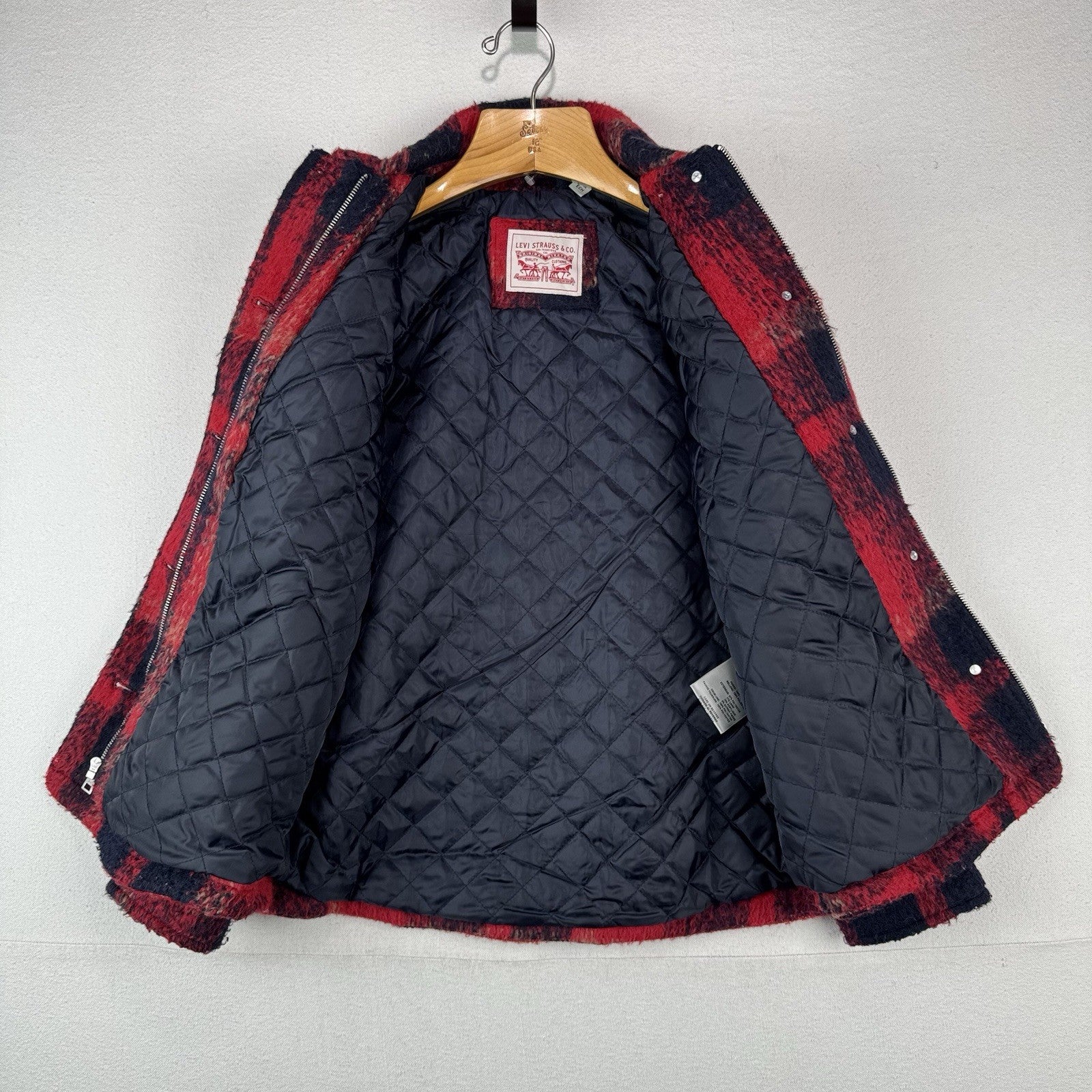 Levi’s Trucker Jacket Buffalo Plaid Zipper Button Wool Blend Red Women’s XS
