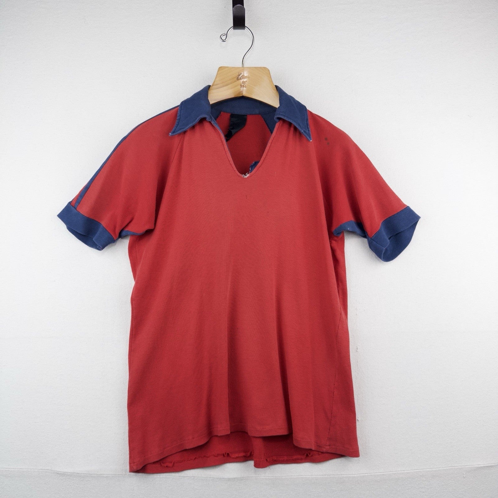 70's Vtg Raglan Polo Shirt Red Blue Color Block Johnny Collar V-Neck *Distressed