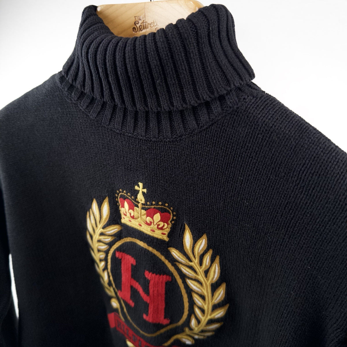 90’s Vtg Tommy Hilfiger Kint Sweater Men’s S Embroidered Crest Turtle Neck Black