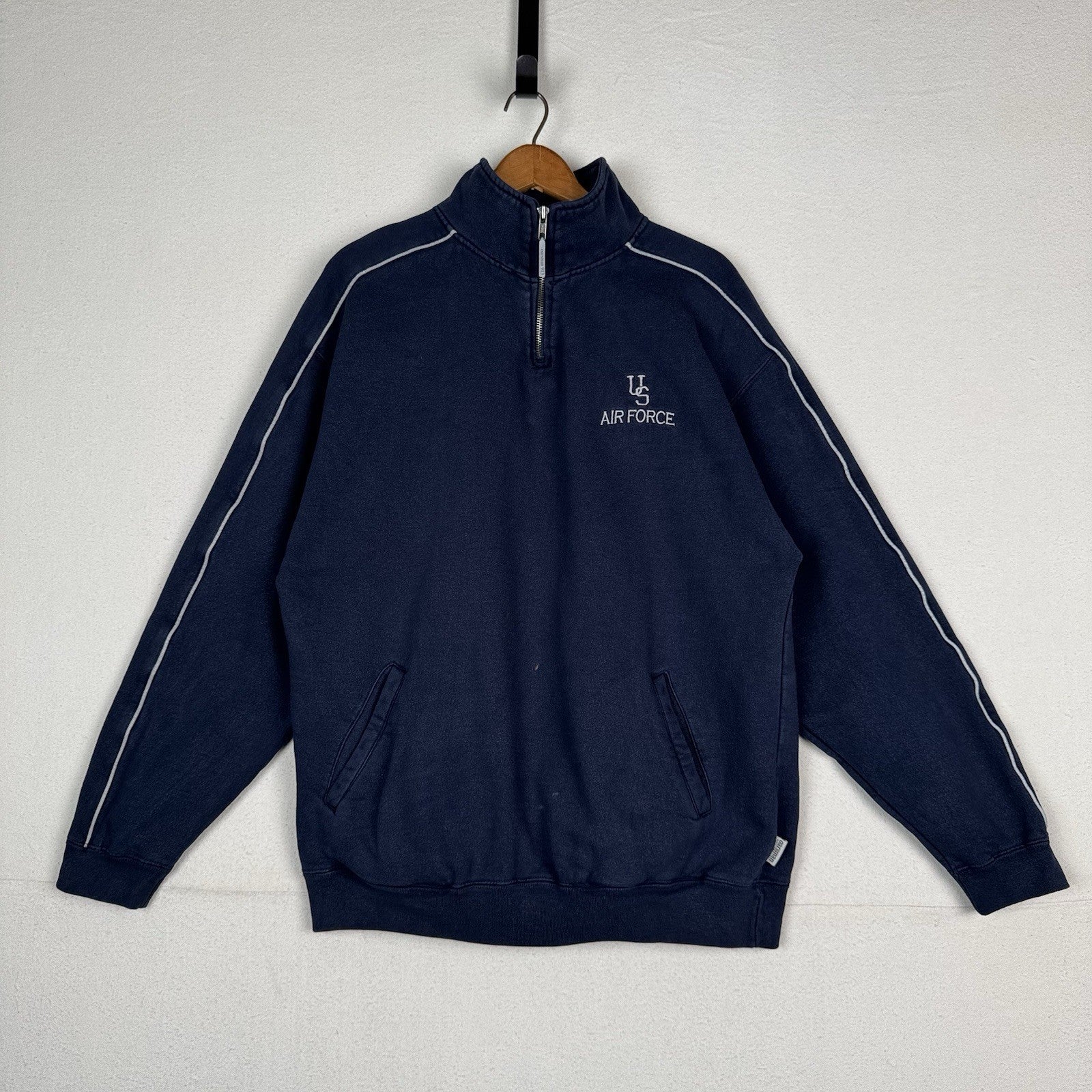 Vintage US Air Force Blue Quarter Zip Oarsman Sweatshirt Men’s Large Reflective
