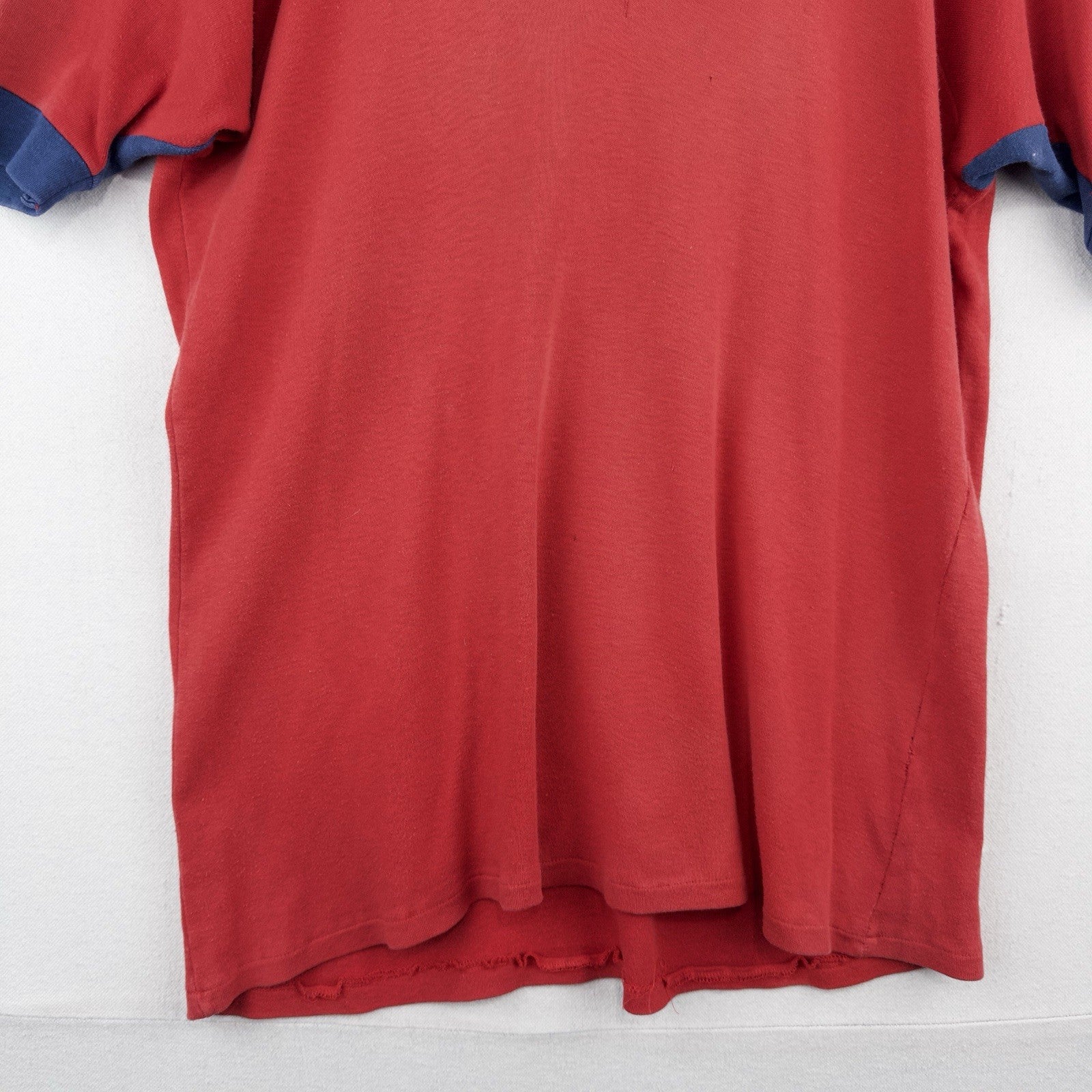 70's Vtg Raglan Polo Shirt Red Blue Color Block Johnny Collar V-Neck *Distressed