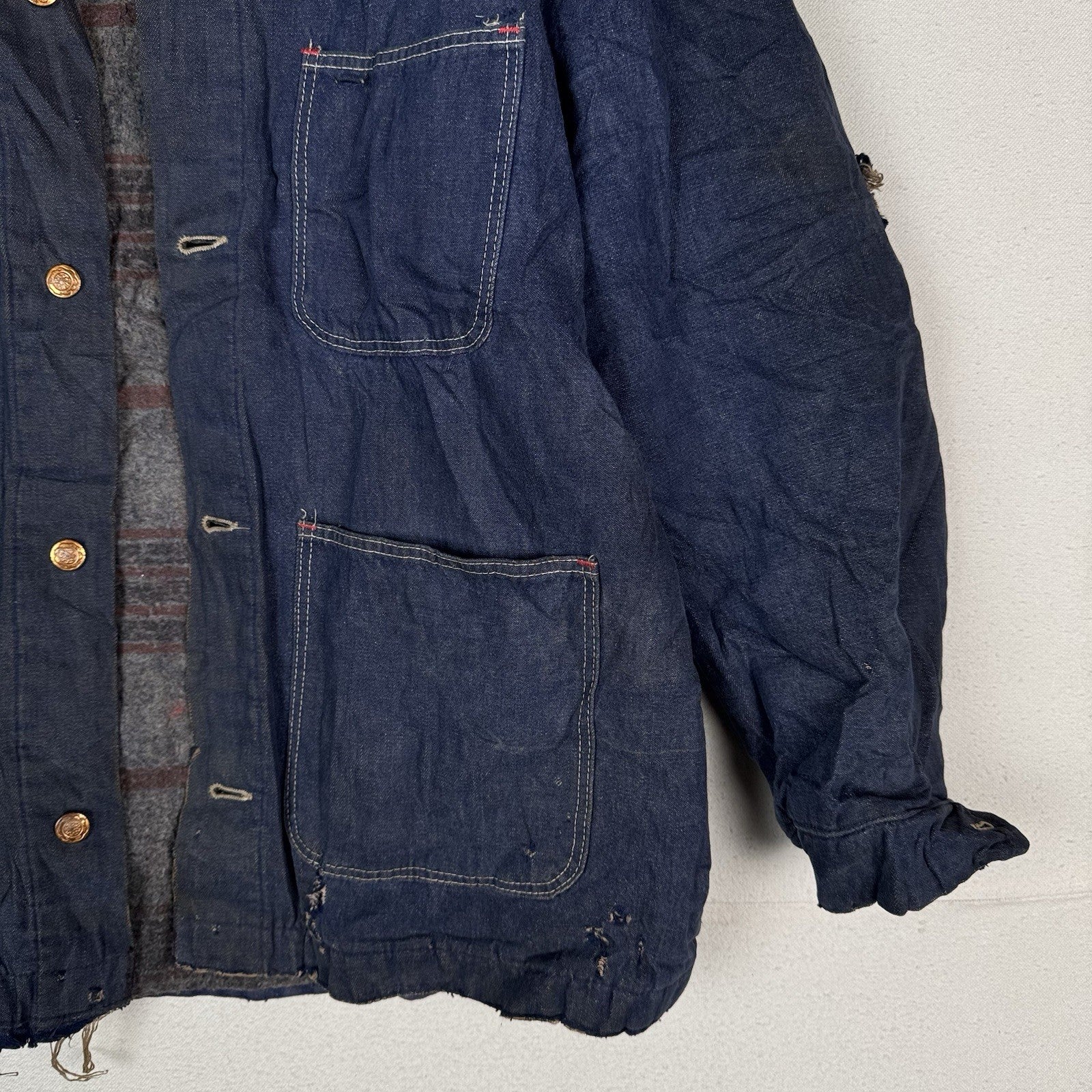 Vtg 1960s Wool Blanket Lined Denim Prison Chore Jacket Yard Coat 48” *Unwashed