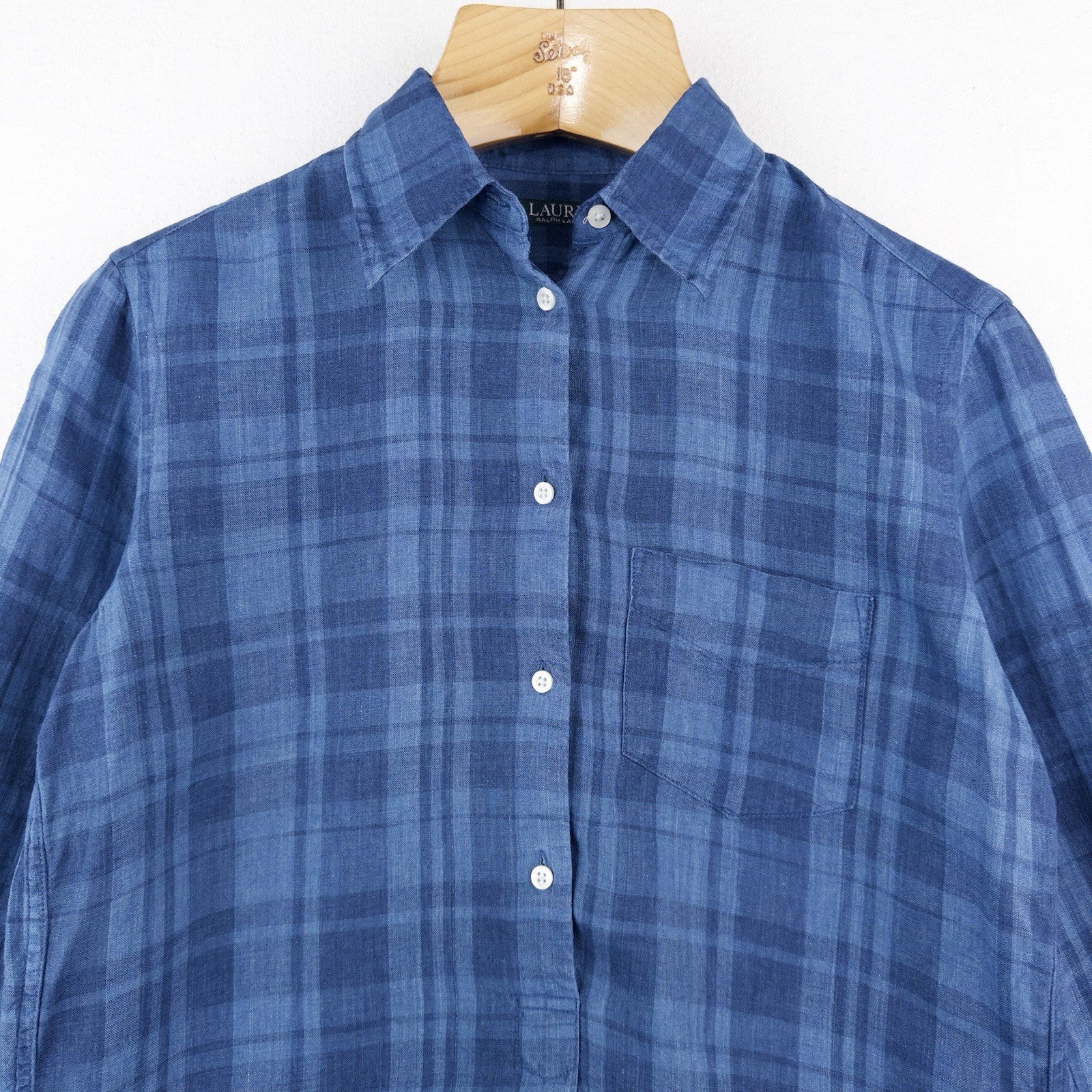 Lauren Ralph Lauren Women's Small Linen Blue Plaid Popover Shirt