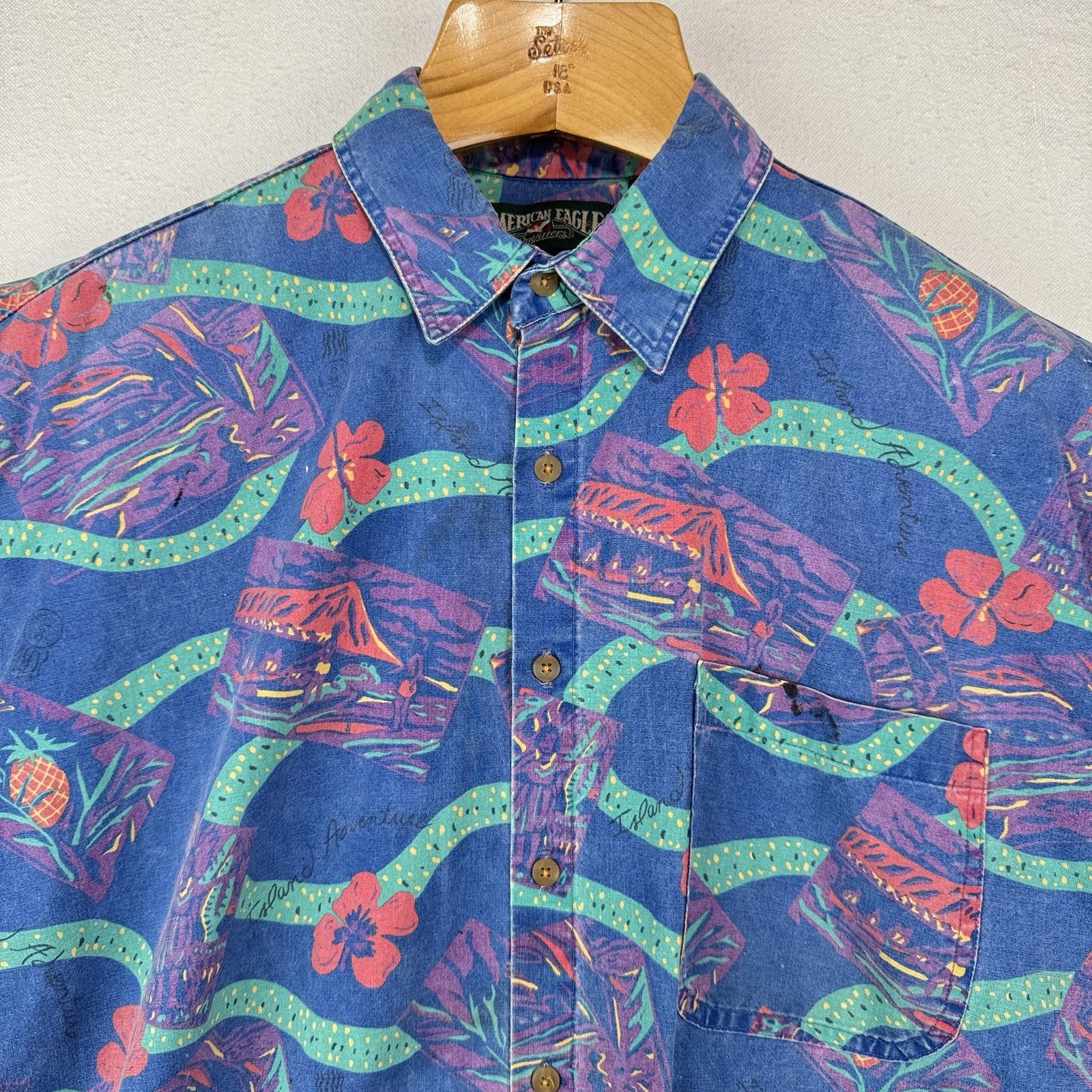 90's Vtg American Eagle Hawaiian Shirt Men's L Oversized Floral Made In USA Rare