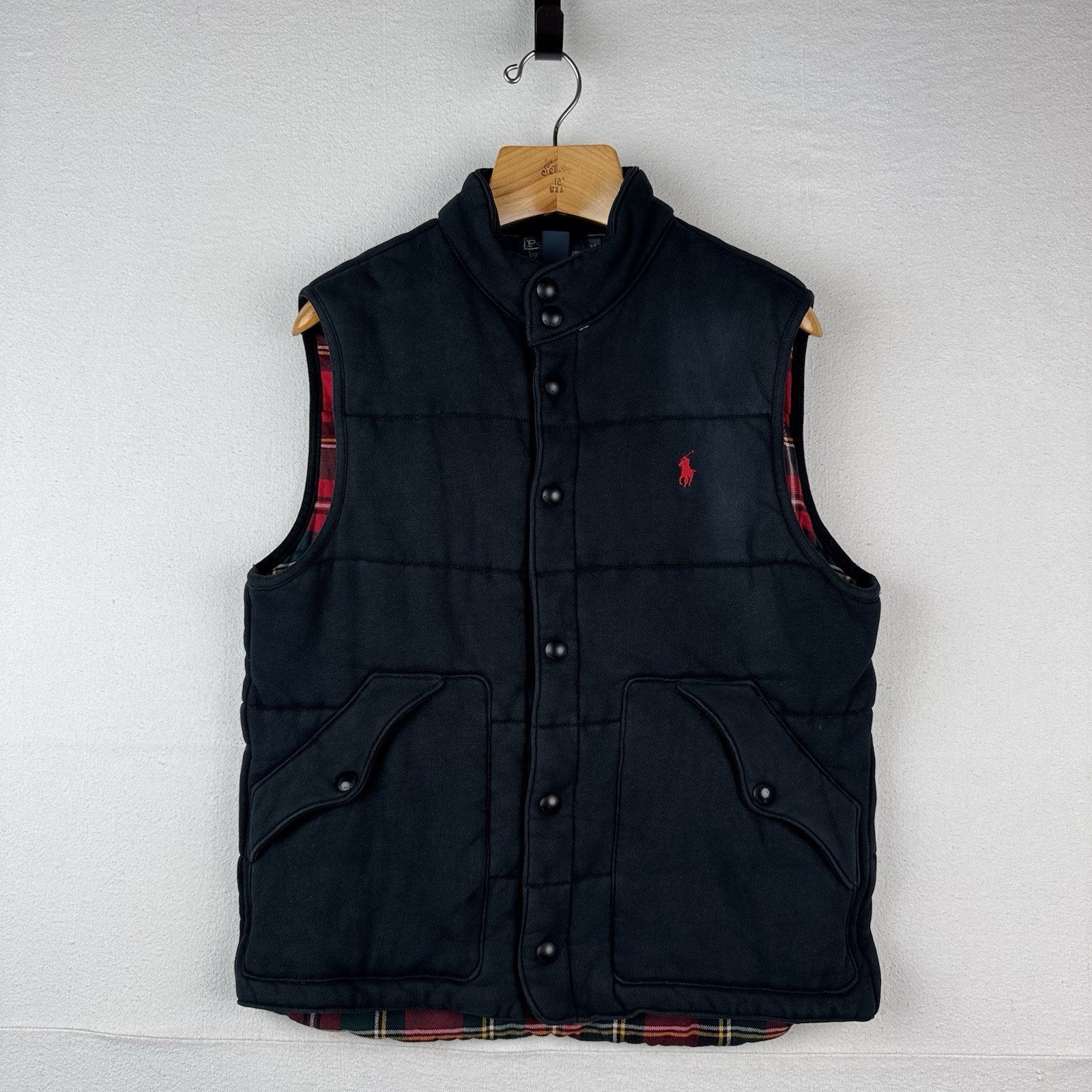 Vtg Polo Ralph Lauren Men M Black Quilted Puffer Vest Flannel Lining *Distressed