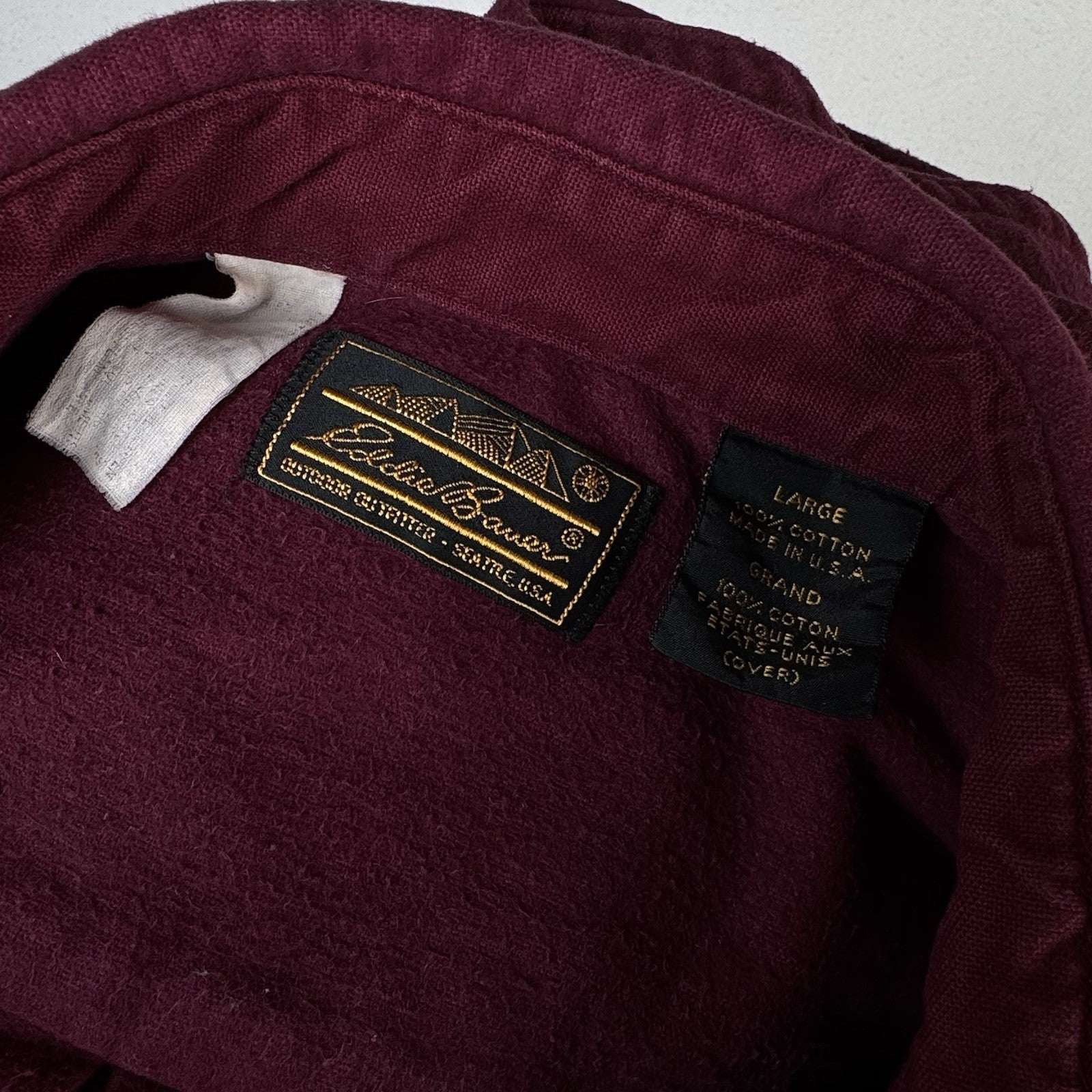 Vintage Eddie Bauer Men’s Large Burgundy Red Heavy Flannel Chamois Made USA